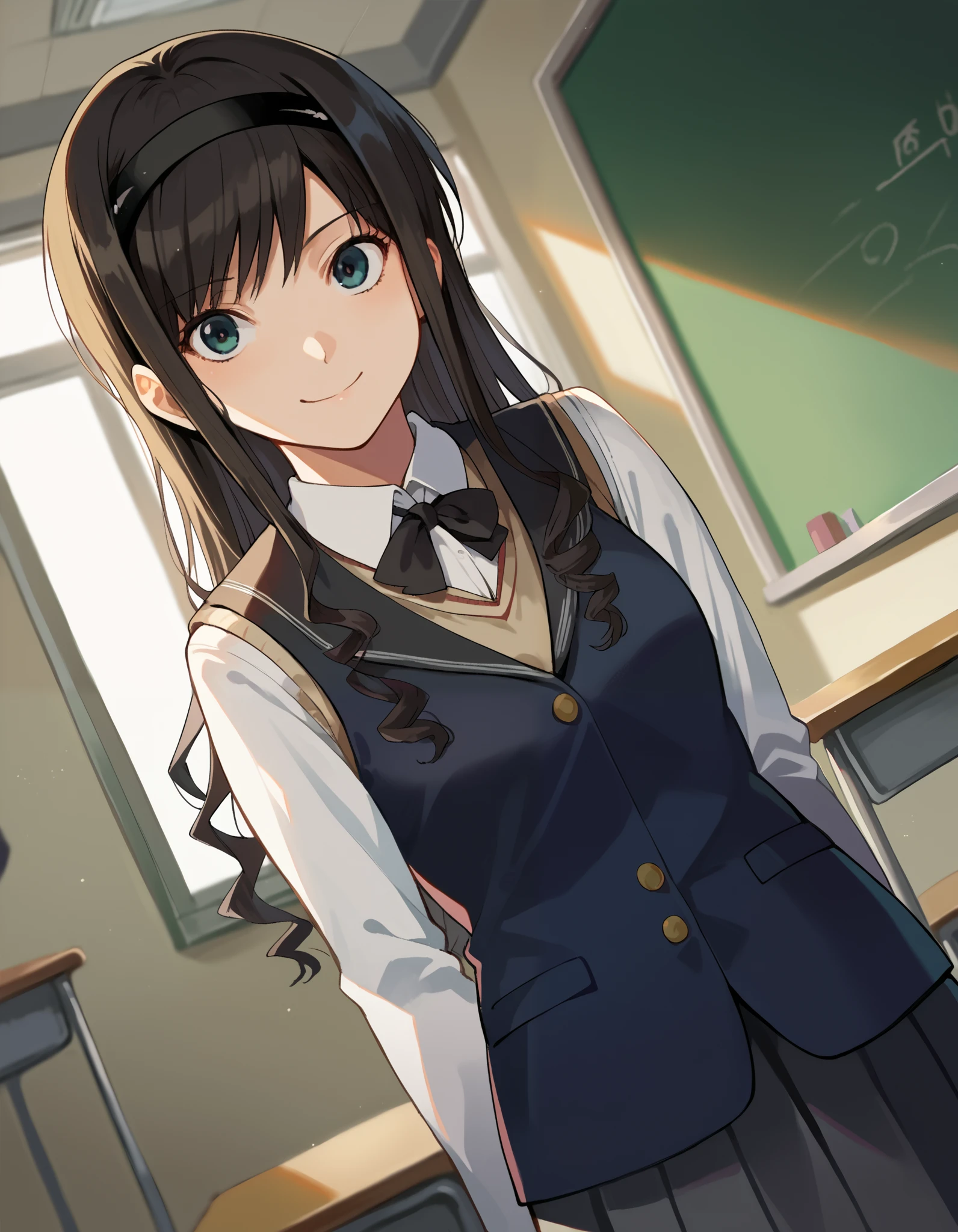  score_9,  score_8_up,  score_7_up,  source_Anime,
Haruka Morishima, Haruka Morishima, Long Hair,  black hair,  headband, black  headband, smile,
kibito high  school uniform,  school uniform,  Sweater Vest ,
indoor, classroom, corridor,
 viewers,  Dutch Angle,  COWBOY SHOOTING ,