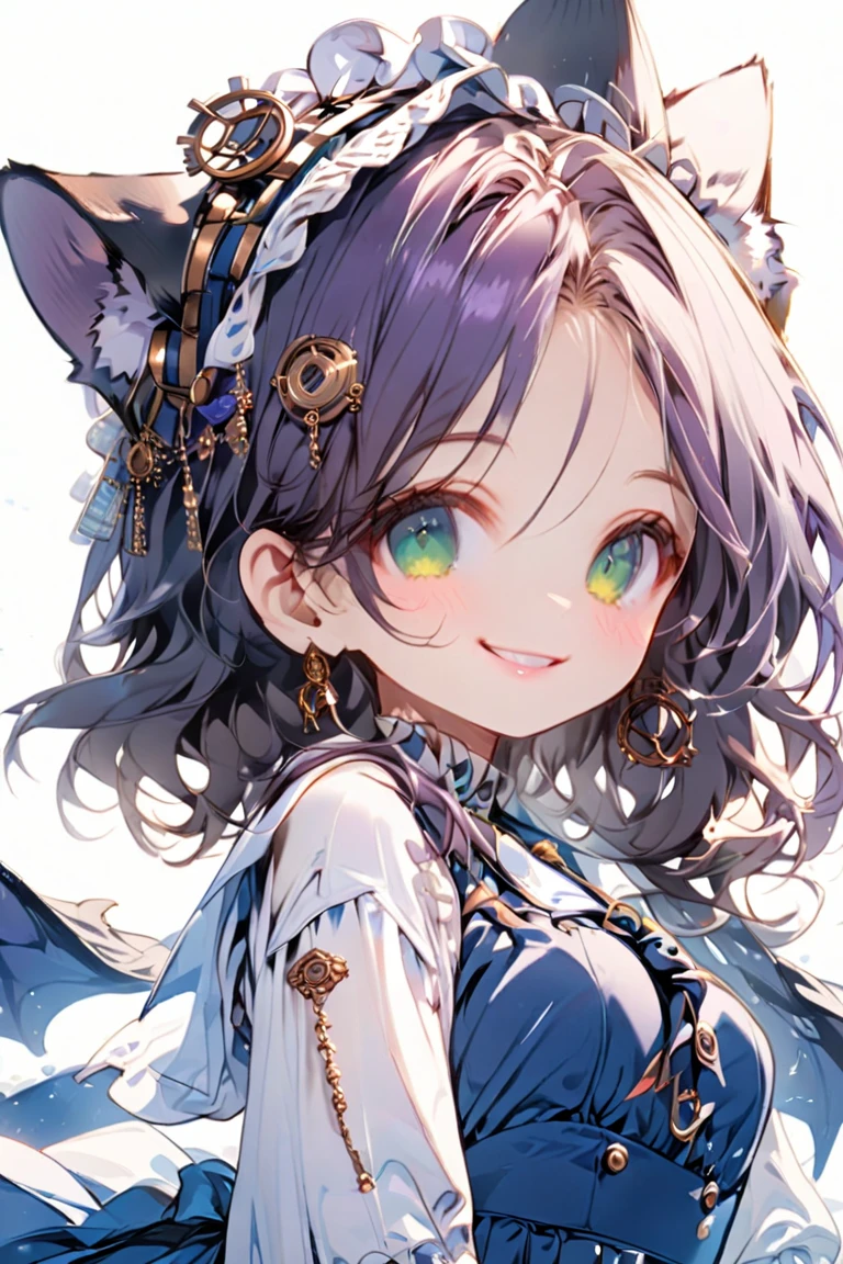 (white background:1.3), masterpiece, best quality, exquisite, 16K, highres, chibi-style anime illustration, pastel colors, rounded shapes, a girl, smiling, looking at viewer, blunt cut, low twintails, purple hair, green eyes, tareme, droopy eyes,cat ears,gentle smile,blue long skirt, Steampunk, gears, map, black cat, compass