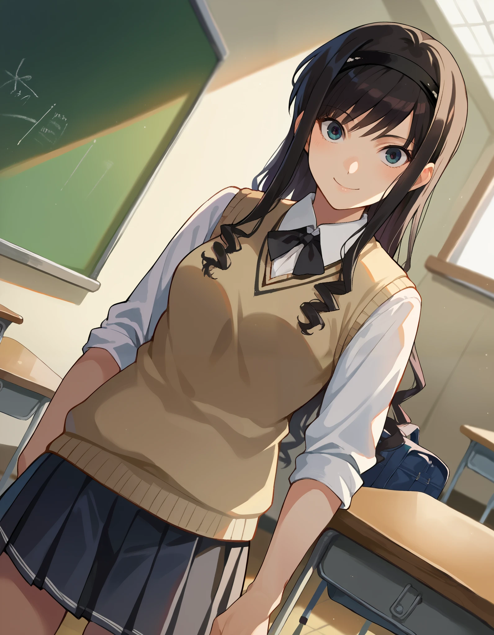  score_9,  score_8_up,  score_7_up,  source_Anime,
Haruka Morishima, Haruka Morishima, Long Hair,  black hair,  headband, black  headband, smile,
kibito high  school uniform,  school uniform,  Sweater Vest ,
indoor, classroom, corridor,
 viewers,  Dutch Angle,  COWBOY SHOOTING ,