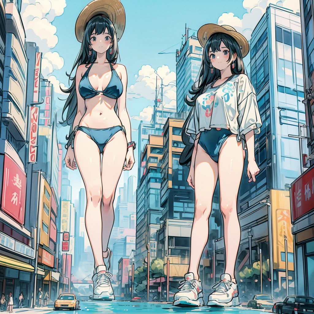 masterpiece　　Unreal Engine　Anime Style　Delicate Paintings 　4K　90's　 giant　 multiple girls 　crowd　 　Local cities　Residential Street　apartment　apartment　　((girl in a huge bikini swimsuit standing on a high-rise valley road)) blue sky　Cumulonimbus　they are　 bikini swimsuit　Paola is standing in the 　 sneakers　 straw hat 　　smile　female giant giant girl Whole body 　 Destroyed skyscrapers Destroyed cars Crowd Unreal Engine, Clevis ,Picture , earrings for a woman alone, Long Hair, 1980s ( style ) Cute photos　Beauty　Analog style 　whole body　 sneakers　