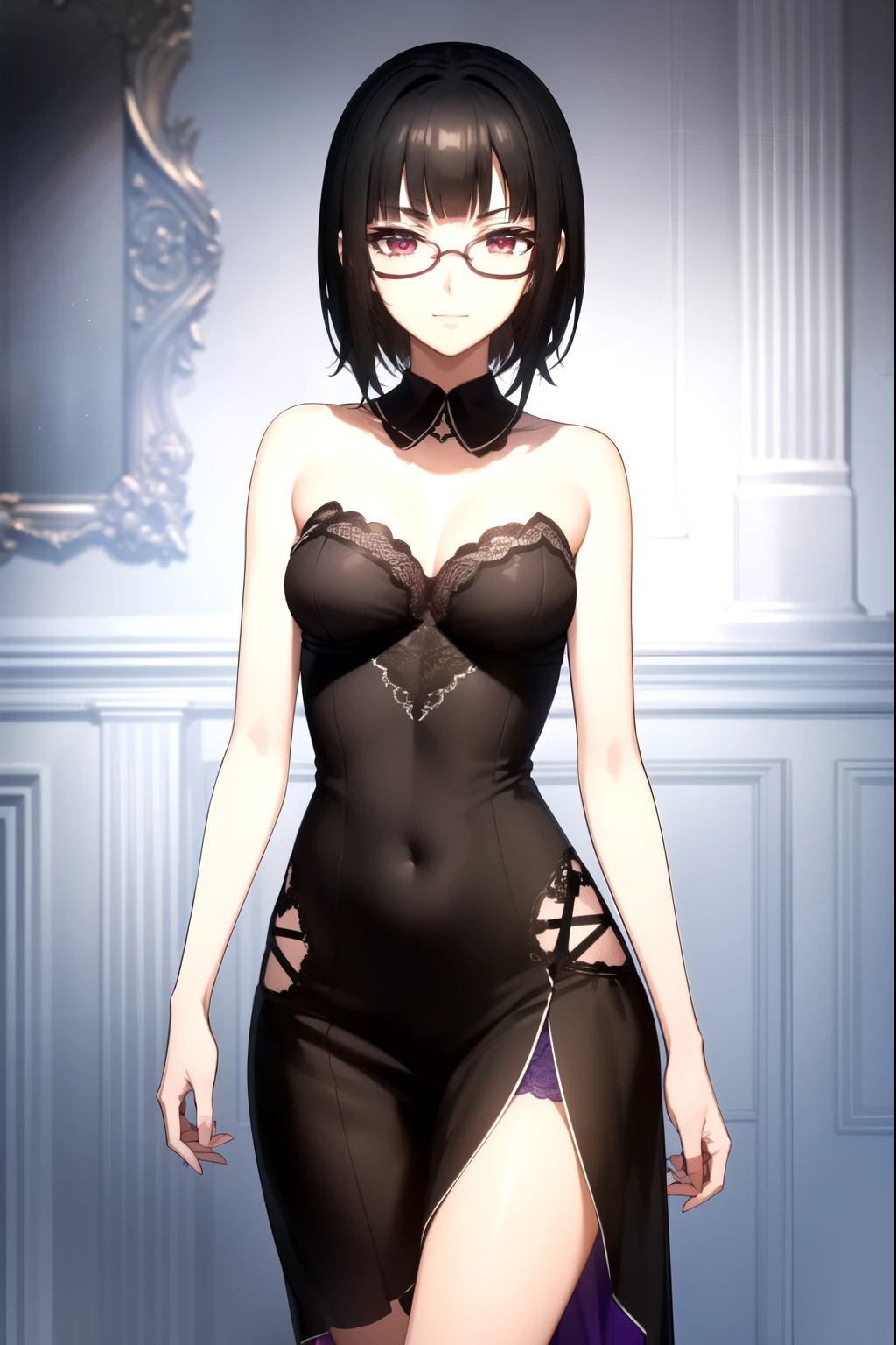 sounasitri, souna sitri,  short hair,  black hair ,  hair ornament , glasses, hairclip, blows, blunt blows, ( purple eyes:1.1),
( masterpiece:1.2),  The best quality,  High resolution, 8K Wallpaper, ( illustration:0.8), ( detailed and beautiful eyes :1.6), Extremely detailed face,  Perfect lighting ,  extremely detailed CG , (manos perfectas,  perfect anatomy),  masterpiece ,  The best quality, highres, aajusticia , long hair,  black hair,  dark skin, tan,  bare shoulders ,  black dress,  session,  crossed legs , smile irónica, smile, inside