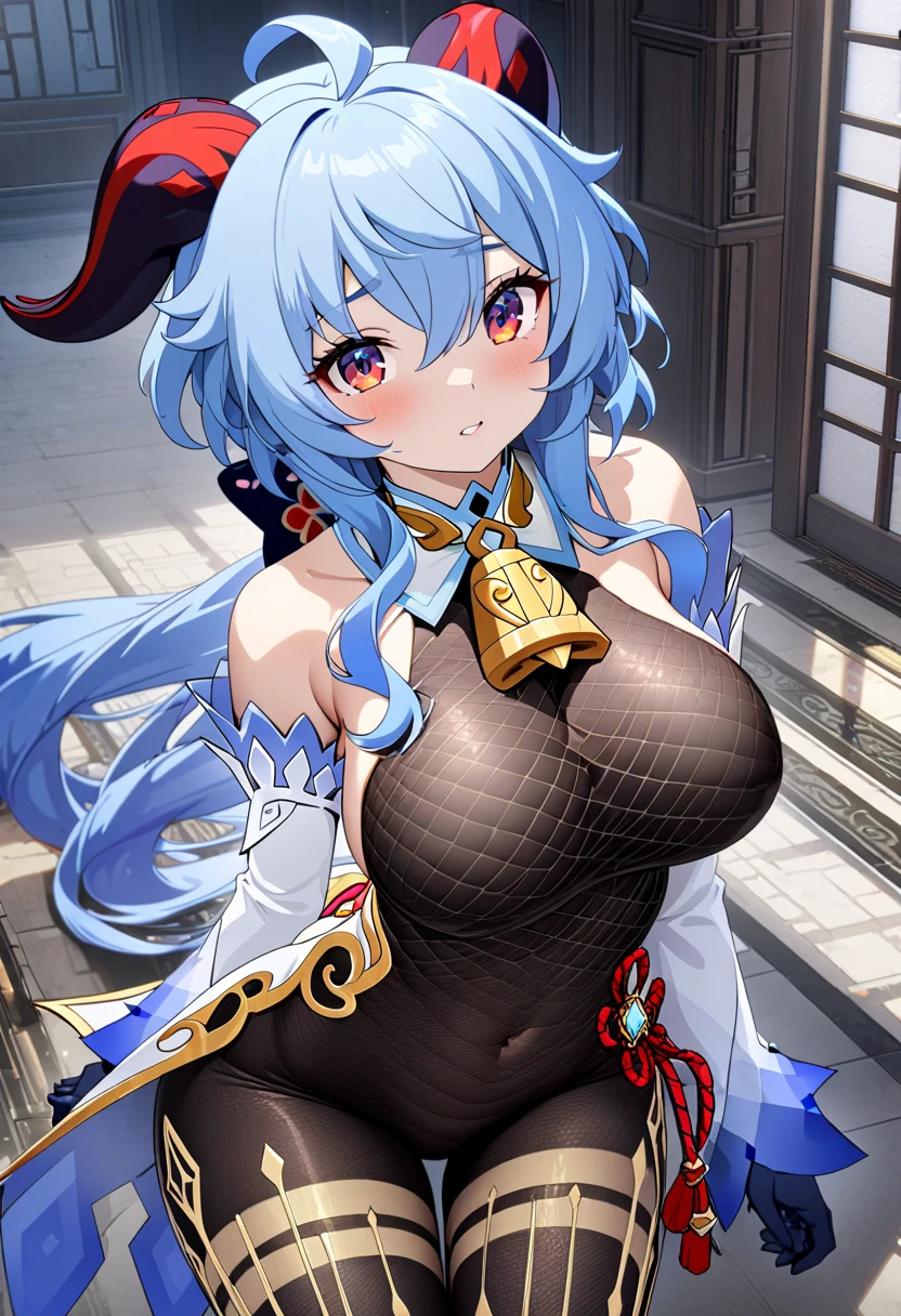 (masterpiece),(highest quality:1.0), (ultra high resolution:1.0), Detail view, 8K, anime, masterpiece, Long blue hair、brown eyes、nipple、attractive woman　provocative look　blushing sexual expression　wavy hair　it&#39;s so beautiful　Cover your private parts with your hands　very big breasts　Fair skin　soft chest　綺麗なnipple　Very detailed breasts　Very detailed eyes　Very detailed　smiling face from below　opening the private parts　her cheeks are flushed　show your chest　press your chest together　I&#39;m shy　The cleavage is beautiful　Put your hands behind your head in a sexy pose