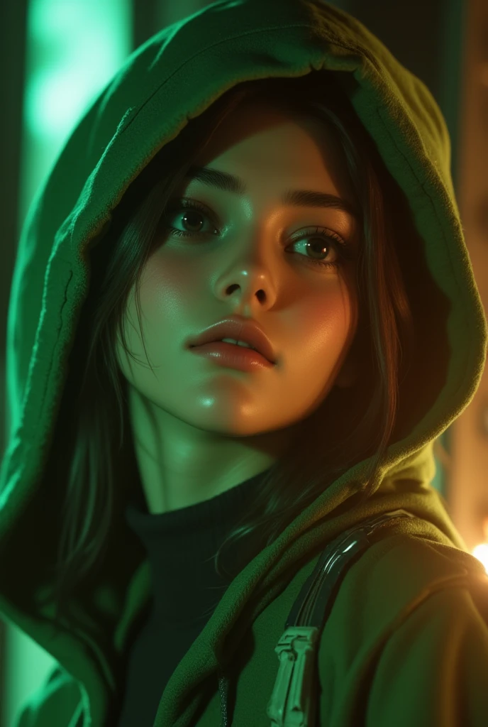 Soft lighting like in a movie、A close-up of Tati Gabrielle in a green hoodie、Incredibly detailed and ultra-realistically lit。,  Mortal Kombat 11,  Jade,  Mortal Kombat , MK Ninja, Wearing green armor and helmet, Akali, woman, Popular on ArtStation.  Octane、It's the perfect tool to capture the softest details of this masterpiece of 16K photography