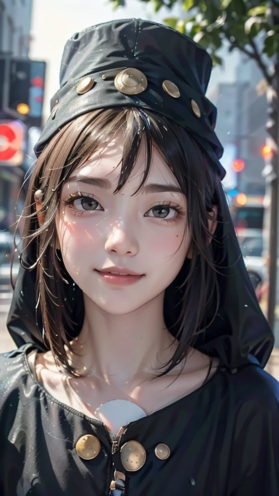 ( High Quality:1.3)、 (Realistic)、( Photo Real)、In the dim city、( beautiful face)、(Heavy rain:1.37)、(In an empty city)、(I can see big raindrops)、(Raindrop effect:1.5)、、(Wear a brimless tubular hat:1.3)、( a haze like a shadow wearing a cloak))、Despair and loneliness、The only person in the world、Beautiful Beautiful Girl with a Strange Atmosphere 、Irregular streetscape、 absurd、 Warped World 、(A haze like a shadow wearing a 、 looking up at the sky )、(Black Hat、Black clothing、Black Cape)、( An attractive hairstyle with long black hair styled in a slightly messy way)、(Strange smiles with asymmetrical sides)