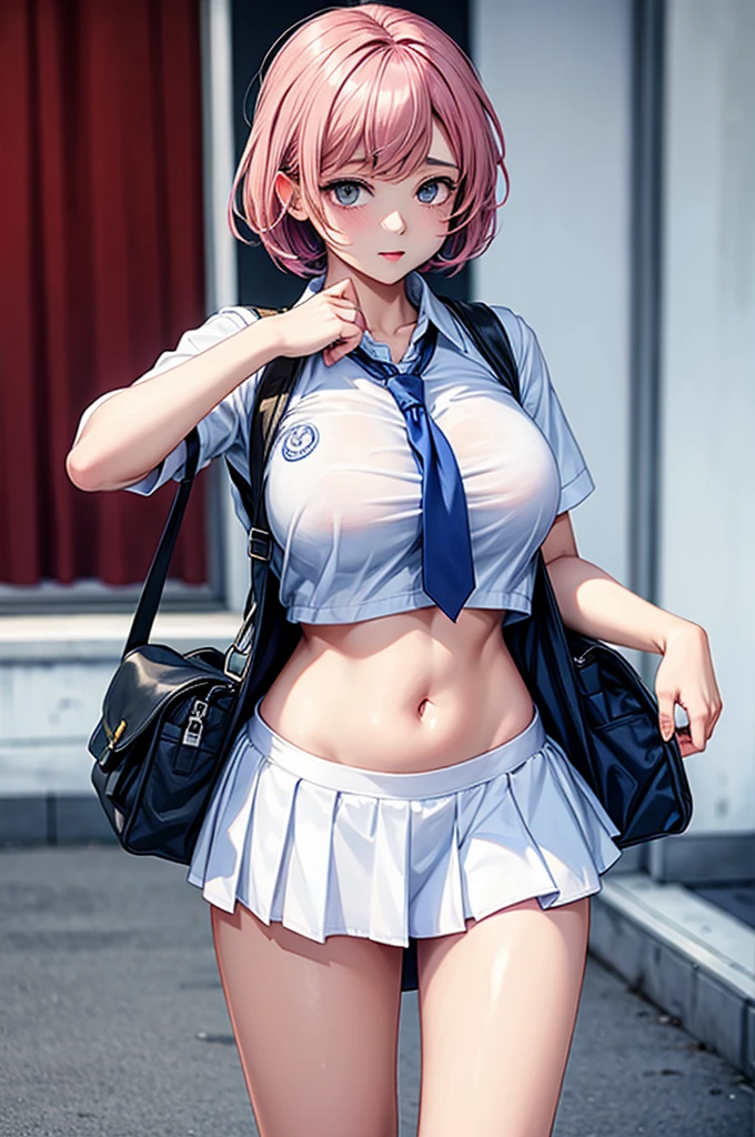 the Extremely Detailed CG Unity 8K Wallpapers、top-quality、ultra-detailliert、masterpiece、extremely detailed cute girl、 student、((skirt lift by yourself)))、(lifted by self)、White panter panties、pancus、red parted lips、looking at the viewers、Semi-body shot、(Large crowds)、(Ruins)、shorth hair、A pink-haired、eye glass、