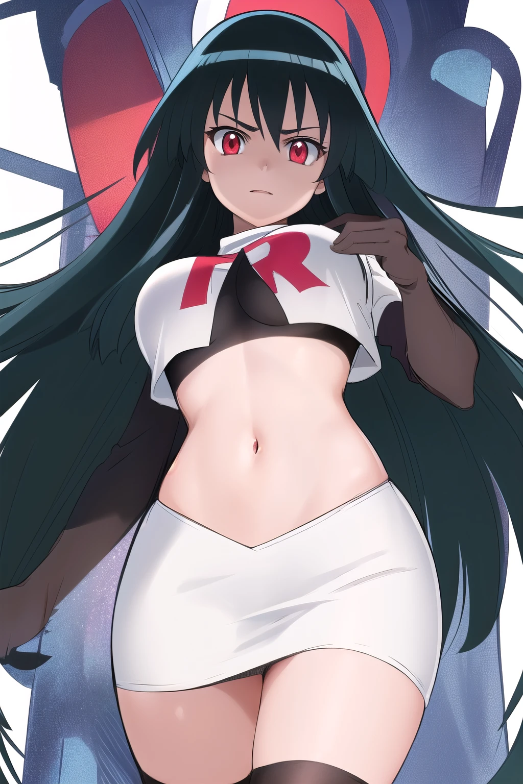 akame (akame ga kill!), (masterpiece, best quality, wallpaper), (((extremely detailed, intricate details, lush detail, insanely detailed face, beautiful red eyes, shiny skin, sharp eyes))), team rocket,team rocket uniform,white skirt,red letter R,crop top,black thigh-highs,black elbow gloves, (very long hair))), (((solo, 1girl, facing viewer))), black hair, ((medium breasts)),