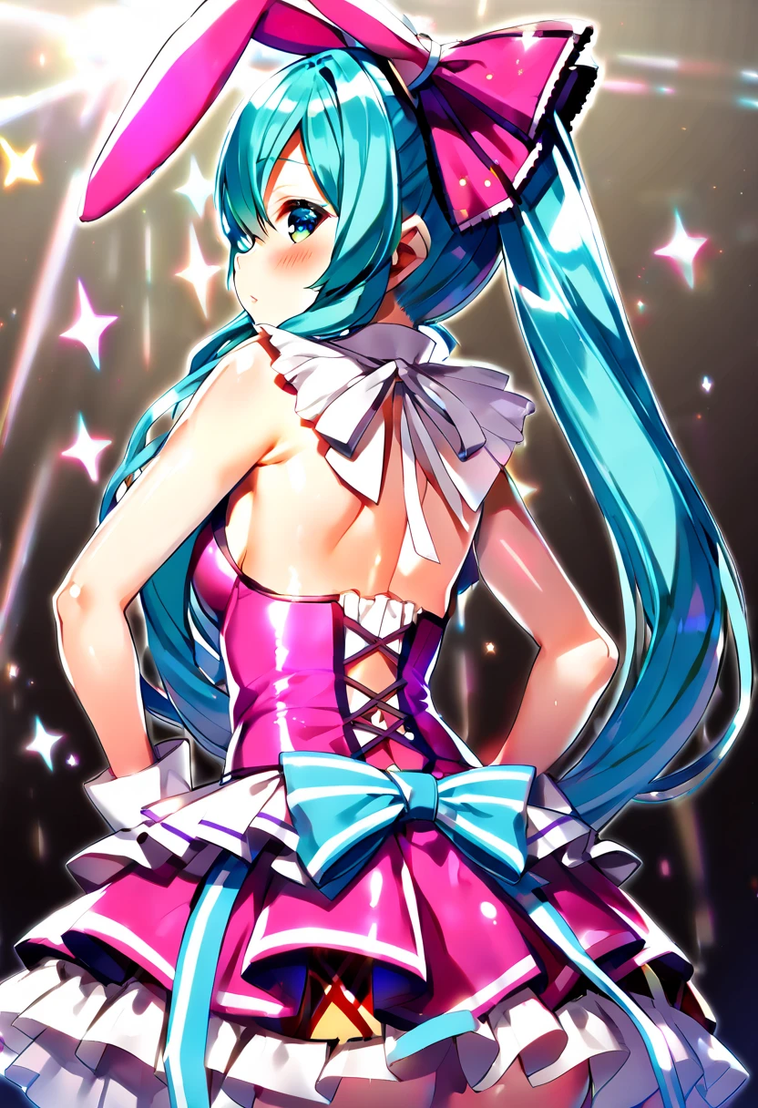 (hatsune miku:1.2), (virgin killer magical Idol costumes:1.4), (lop-ears rabbit:1.4), (blush:1.4), (gleaming skin, shiny skin:1.4), (from behind:1.4), (cowboy shot:1.4), 