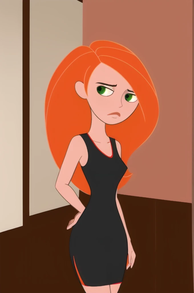 (masterpiece, best quality:1.3), 1girl, looking at viewer, kimberly ann possible, parted lips, upper body, standing, collarbone, bare shoulders, blush, colored skin, orange hair, long hair, absurdly long hair, green eyes, medium breasts, (skindentation:1.2), short black dress, (black dress:1.2), loose clothes, sleeveless, inside the mansion