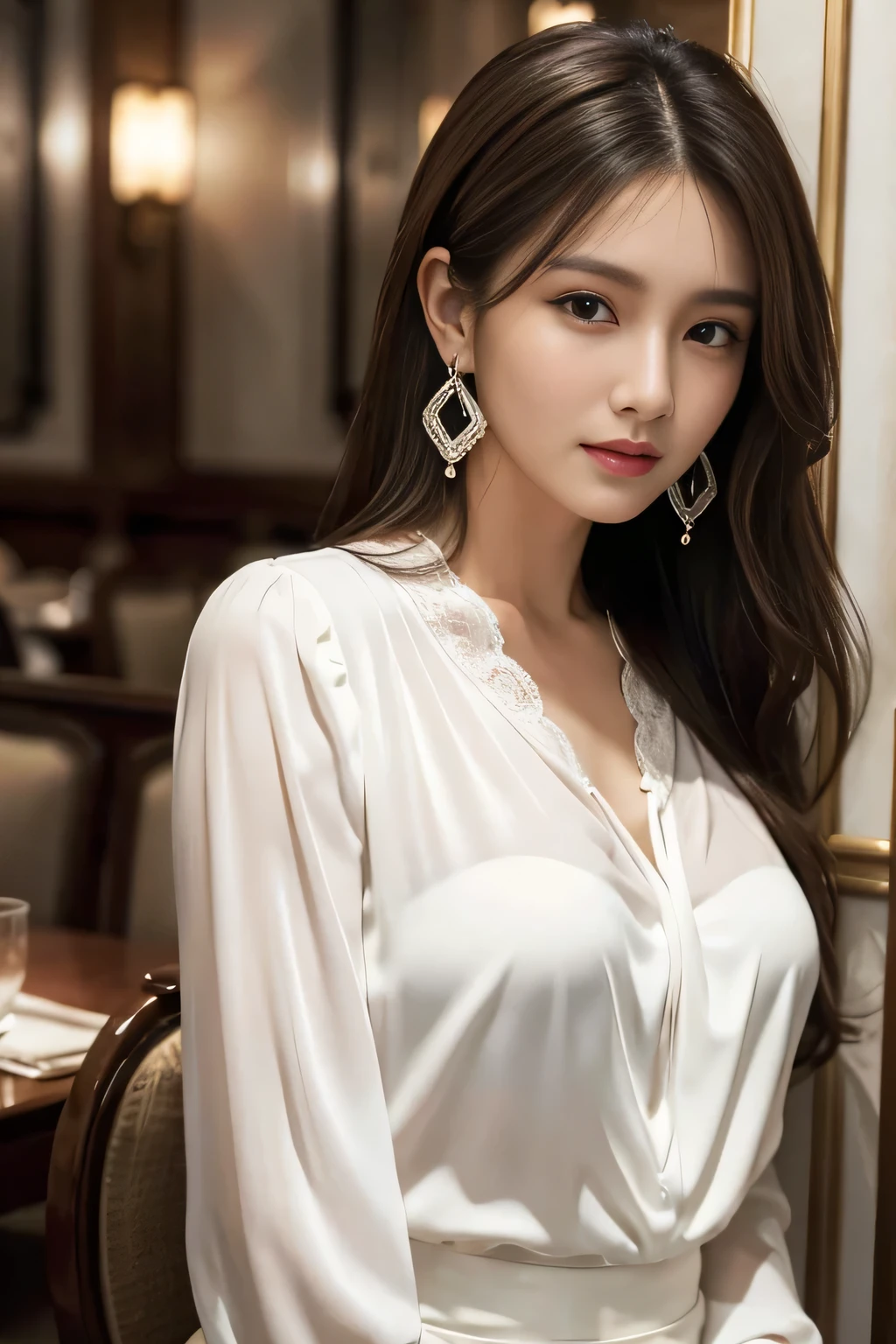 masterpiece, Highest quality, Realistic, Very detailed, Finer details, High resolution, 8k wallpaper, One beautiful woman, Wear an elegant see-through blouse, In a great restaurant, At night, Light brown messy hair, Perfect dynamic composition, Beautiful and beautiful eyes、Big earrings、Sitting in a chair、