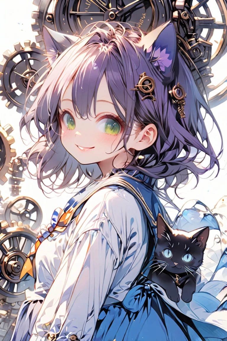 (white background:1.3), masterpiece, best quality, exquisite, 16K, highres, chibi-style anime illustration, pastel colors, rounded shapes, a girl, smiling, looking at viewer, blunt cut, low twintails, purple hair, green eyes, tareme, droopy eyes,cat ears,gentle smile,blue long skirt, Steampunk, gears, map, black cat, compass