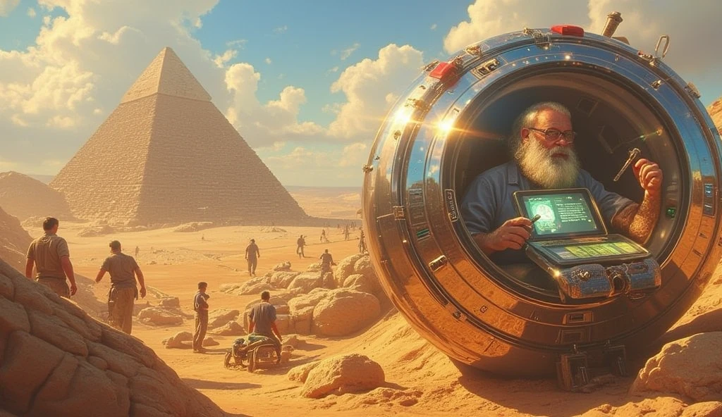 ((masterpiece)) ((photography)) ((Highest quality)) A hyper-realistic illustration of a bearded man wearing glasses, slightly overweight, sitting inside a futuristic time-travel machine with a high-tech design, glowing control panels, and a transparent dome offering a view of the outside world. The time capsule is positioned in the middle of an ancient Egyptian landscape during the construction of the pyramids, with workers, ramps, and blocks of stone being moved. and the unfinished pyramid clearly visible. The man looks amazed and curious, observing the scene while holding a holographic tablet displaying historical data. The environment combines ancient and futuristic elements, emphasizing the contrast between the eras.