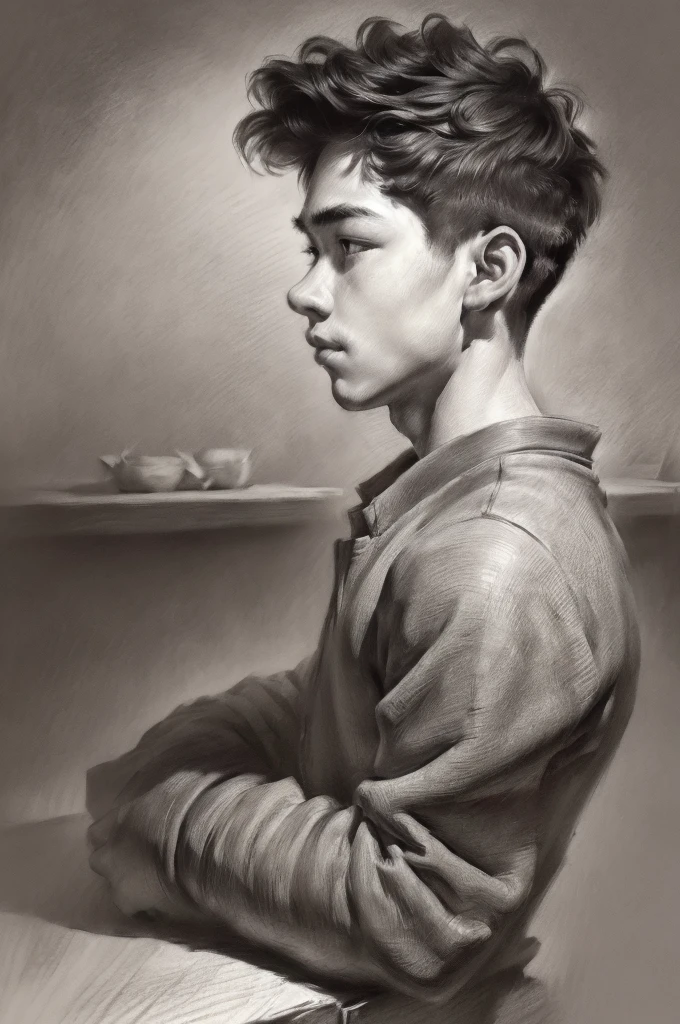 (high resolution, best quality, realistic), ((1boy, solo)), Chinese, 1, learn in the classroom, pondering, (head portrait, character)'s (shoun:1.1), (side view:1.1), portrait in (classic charcoal style:1.2) with (fine, detailedshadows:1.1), the image is (exceptional quality:1.2), with (clear's lines:1.1) and (subtle tones:1.1), create an (true to life:1.37), the lighting is subdued, (naturals:1.1), emphasize the contours of his face, adding depth to the overall composition, this artwork captures the beauty and grace of teenagers,