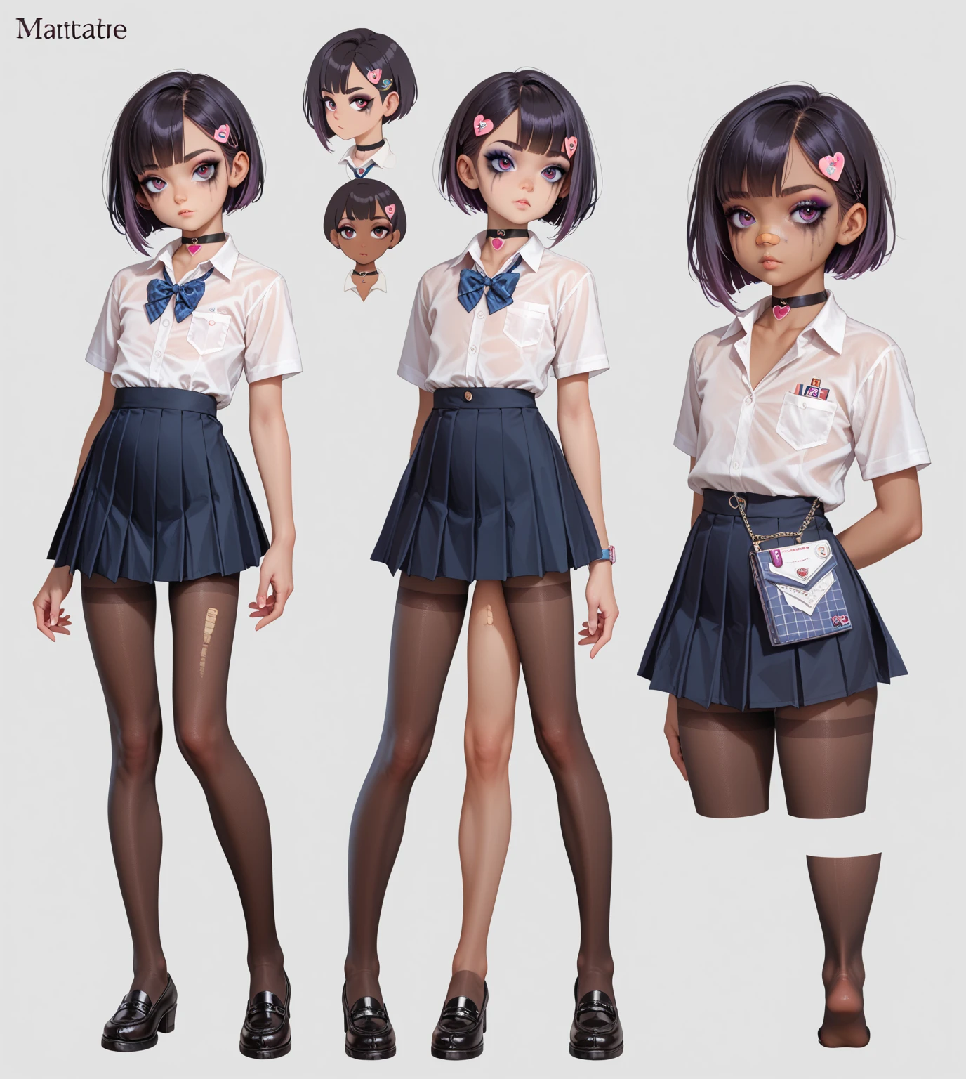 character sheet, fullbody. dark skin ****, short hair, flat chest, slutty clothes, pantyhose, sexy schoolgirl, skinny, smear makeup, expressionless face, detailed clothes, asymetrical clothes, sexy makeup, choker, bandaid on nose, heart hair clip, masterpiece, best quality, uncensored
