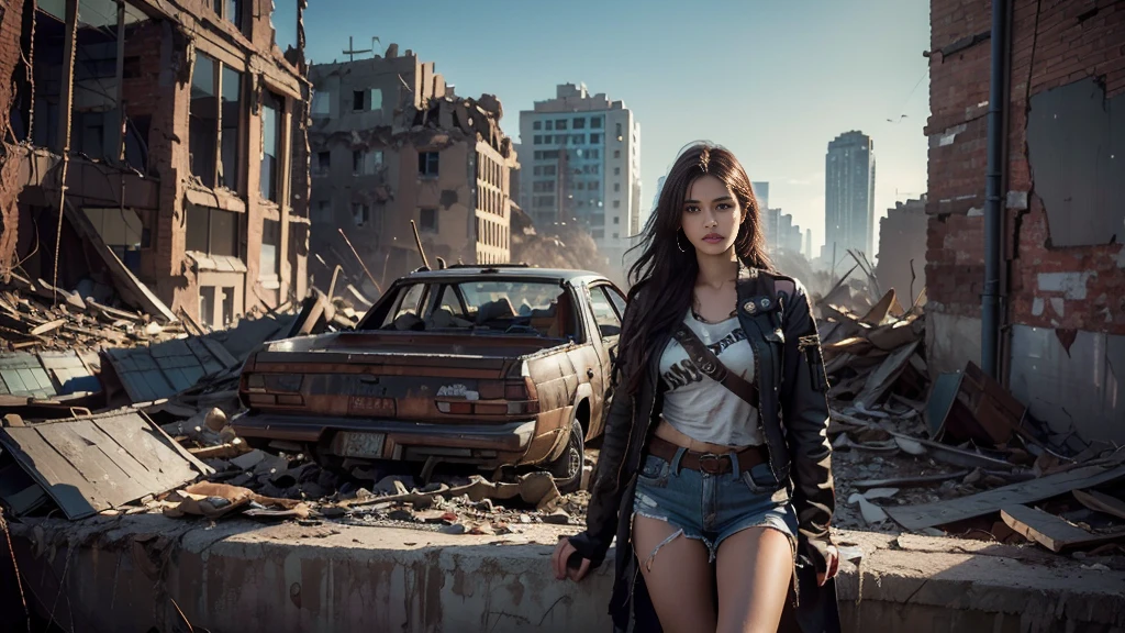 masterpiece, high resolution ,8K,(Portrait Photos:1.5),(R Original Photo),Reality,Digital Photography,(Apocalyptic ruins ),City ruins，beautiful 20 year old woman，sentry， post-apocalyptic scene，Medium distance photography， torn clothes 