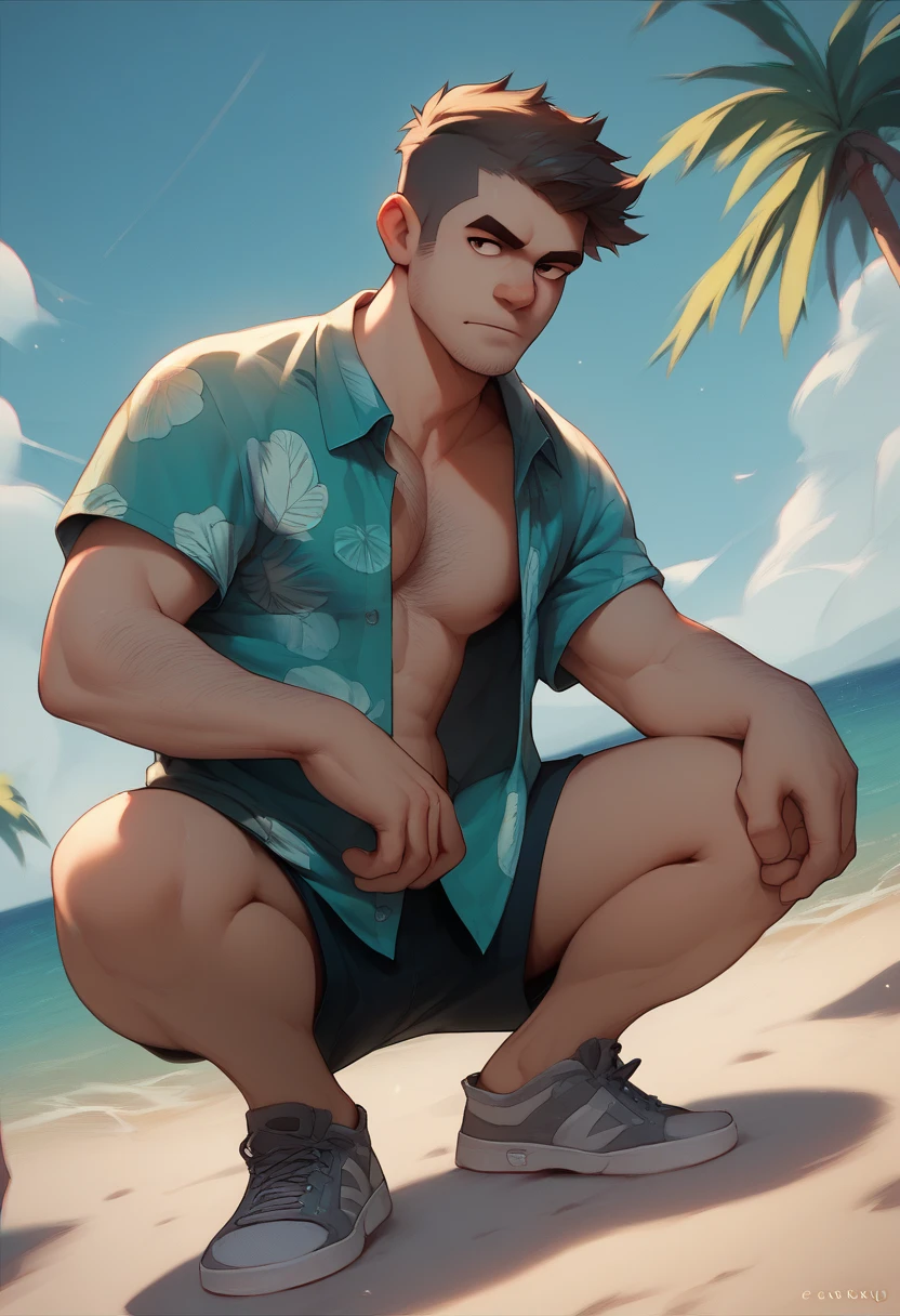 Deer anthropomorphic, male chest, Navel, nipples, full length, press, broad shoulders, muscular, white short beard, short white hair, white chest hair, beach, swimming trunks, One, hairy hands, 