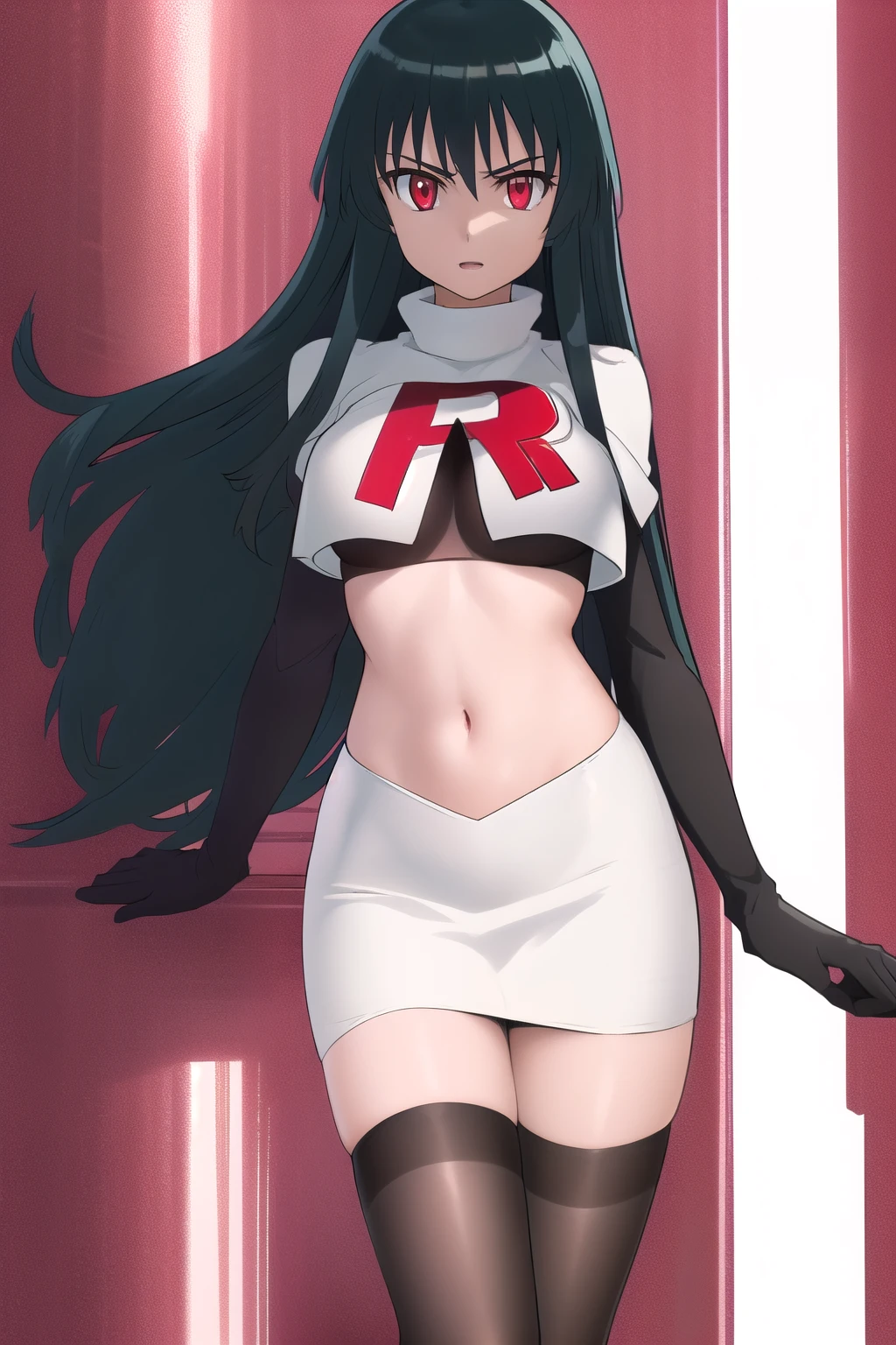 akame (akame ga kill!), (masterpiece, best quality, wallpaper), (((extremely detailed, intricate details, lush detail, insanely detailed face, beautiful red eyes, shiny skin, sharp eyes))), team rocket,team rocket uniform,white skirt,red letter R,crop top,black thigh-highs,black elbow gloves, (very long hair))), (((solo, 1girl, facing viewer))), black hair, ((medium breasts)),