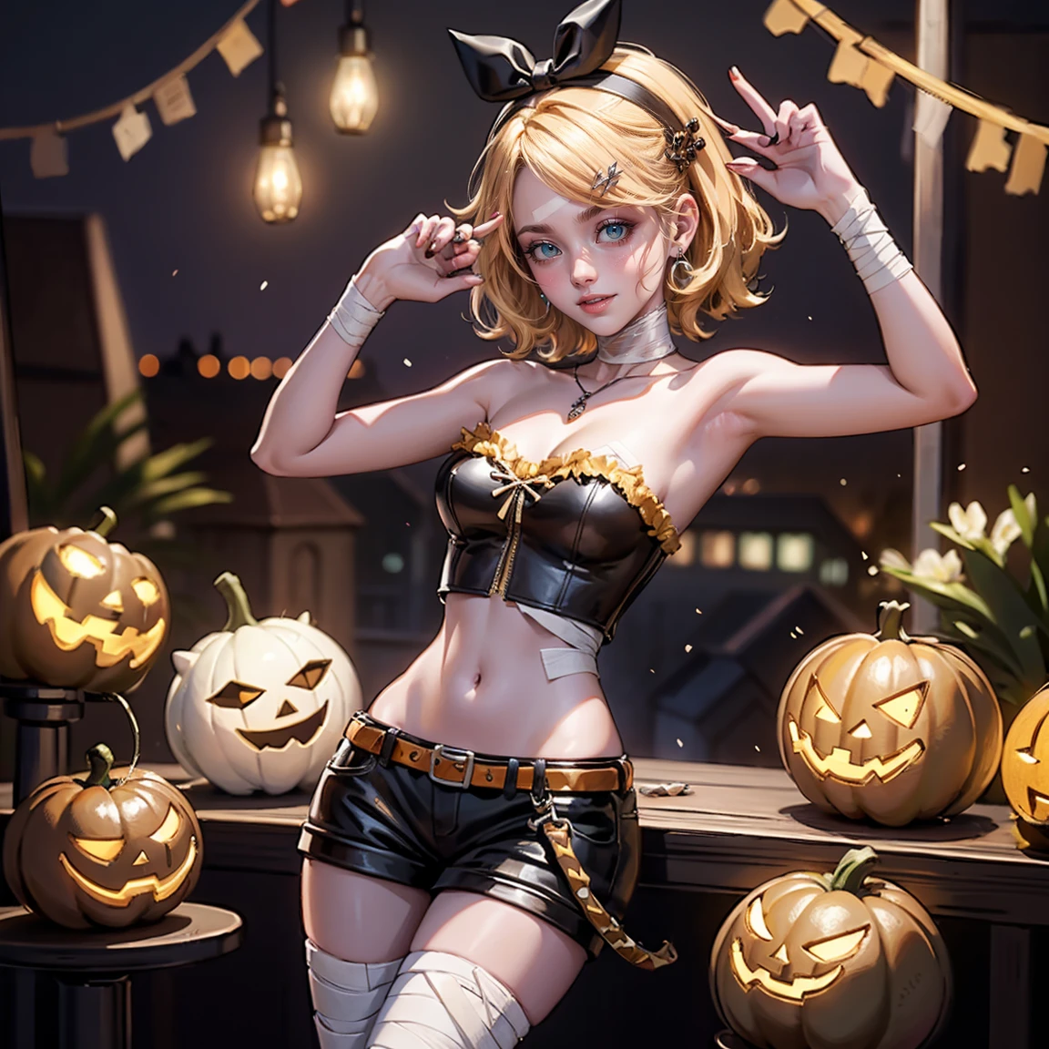 1girl, dress, jewelry, blonde hair, glow hair, flowing hair, ahoge, armpits, bandaged arm, bandaged hand, bandaged leg, bandaged neck, bandage chest, bandages all over the body, bandages, bare shoulders, glow eyes, mummy costume for Halloween, Halloween theme, chest sarashi, claw pose, tassel, collarbone, cowboy shot, cute ghost, hair between eyes, hair intakes, halloween, halloween costume, huge ahoge, hair clips, looking at viewer, midriff, multicolored hair, mummy costume, smile, solo, stomach, strapless, streaked hair, thigh gap, thighs, tube top, Short hair, pumpkin lantern, candle, cemetery scenery 