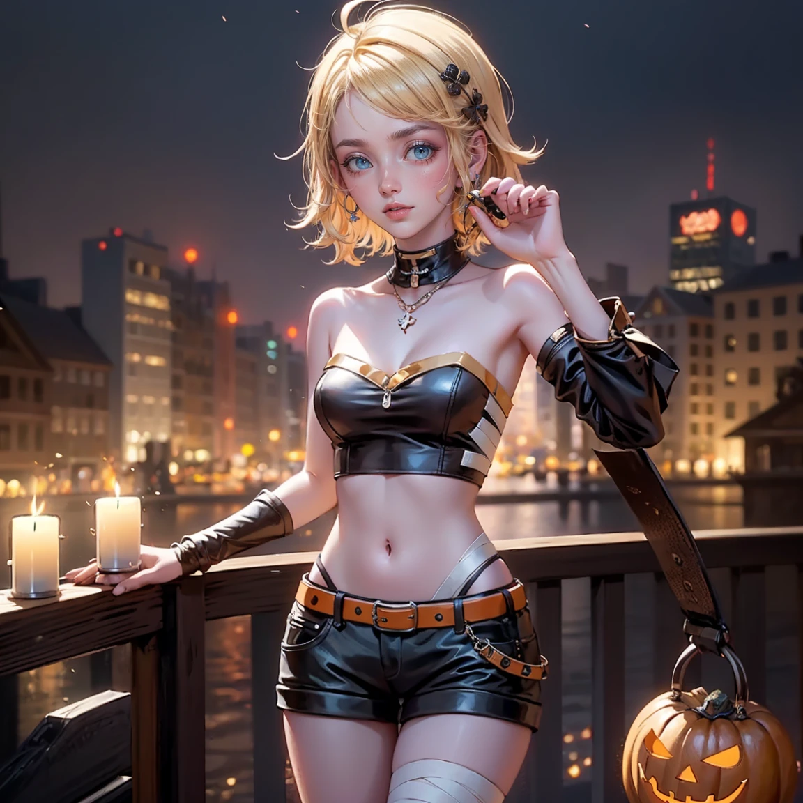 1girl, dress, jewelry, blonde hair, glow hair, flowing hair, ahoge, armpits, bandaged arm, bandaged hand, bandaged leg, bandaged neck, bandage chest, bandages all over the body, bandages, bare shoulders, glow eyes, mummy costume for Halloween, Halloween theme, chest sarashi, claw pose, tassel, collarbone, cowboy shot, cute ghost, hair between eyes, hair intakes, halloween, halloween costume, huge ahoge, hair clips, looking at viewer, midriff, multicolored hair, mummy costume, smile, solo, stomach, strapless, streaked hair, thigh gap, thighs, tube top, Short hair, pumpkin lantern, candle, cemetery scenery 