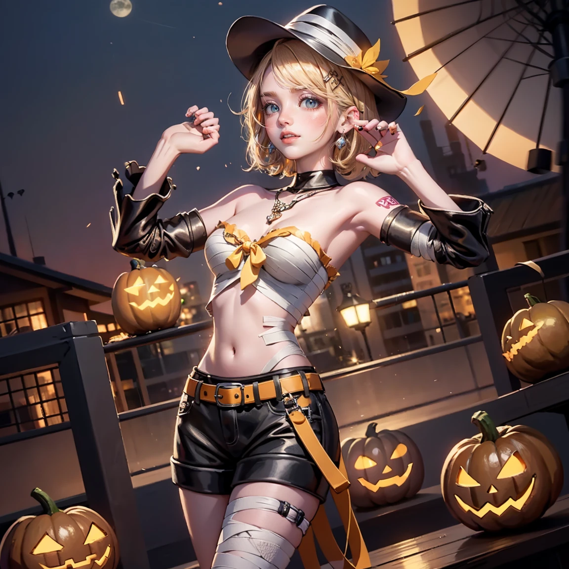 1girl, dress, jewelry, blonde hair, glow hair, flowing hair, ahoge, armpits, bandaged arm, bandaged hand, bandaged leg, bandaged neck, bandage chest, bandages all over the body, bandages, bare shoulders, glow eyes, mummy costume for Halloween, Halloween theme, chest sarashi, claw pose, tassel, collarbone, cowboy shot, cute ghost, hair between eyes, hair intakes, halloween, halloween costume, huge ahoge, hair clips, looking at viewer, midriff, multicolored hair, mummy costume, smile, solo, stomach, strapless, streaked hair, thigh gap, thighs, tube top, Short hair, pumpkin lantern, candle, cemetery scenery 