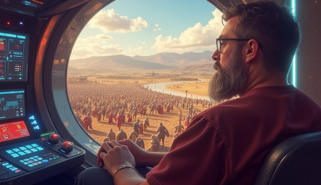 ((masterpiece)) ((photography)) ((Highest quality)) A hyper-realistic illustration of a bearded man wearing glasses, slightly overweight, sitting inside a futuristic time-travel machine. The machine features a sleek, high-tech design with glowing holographic controls and a transparent dome offering a panoramic view of an epic battle scene. The man watches in awe as Spartan warriors clash with Persian soldiers, their armor glinting in the sunlight, with shields, spears, and arrows filling the air. The battlefield is chaotic, surrounded by rugged terrain and distant mountains, while the futuristic machine contrasts sharply with the ancient world, highlighting the blend of historical and sci-fi elements.