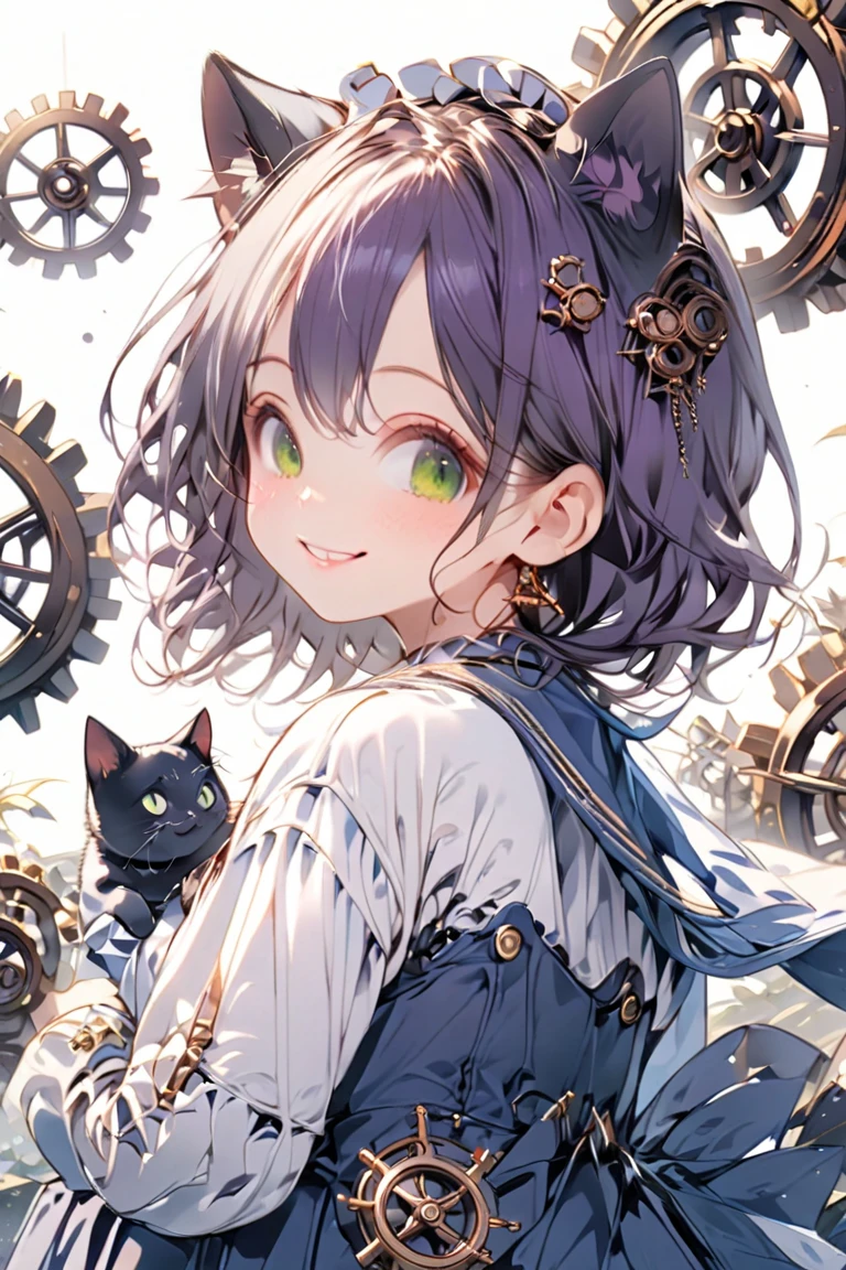 (white background:1.3), masterpiece, best quality, exquisite, 16K, highres, chibi-style anime illustration, pastel colors, rounded shapes, a girl, smiling, looking at viewer, blunt cut, low twintails, purple hair, green eyes, tareme, droopy eyes,cat ears,gentle smile,blue long skirt, Steampunk, gears, map, black cat, compass