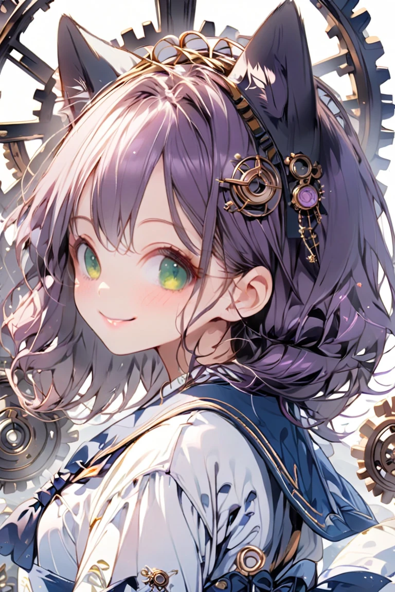 (white background:1.3), masterpiece, best quality, exquisite, 16K, highres, chibi-style anime illustration, pastel colors, rounded shapes, a girl, smiling, looking at viewer, blunt cut, low twintails, purple hair, green eyes, tareme, droopy eyes,cat ears,gentle smile,blue long skirt, Steampunk, gears, map, black cat, compass