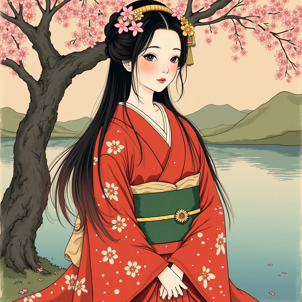 Ink-e, pintura japonesa traditional, ink, Ink-e style,  japanese paint ,  Japanese art style , Hokusai Style, of Hokusai , Ukiyoe, ancient, traditional, until japones,  Japanese girl wearing a red kimono with a green girdle and white cherry petals design,  long straight dark reddish brown hair ,  heavenly eyes , Beautiful , perfecta,  standing next to a cherry tree ,  next to a pond , by day,  poses delicate faith , mysterious,  The best quality,  masterpiece,  tall details, old paper , japon ancient, until, Era edo 