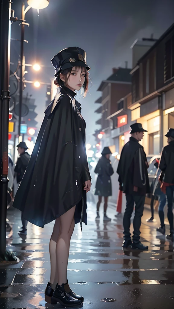 ( High Quality:1.3)、 (Realistic)、( Photo Real)、In the dim city、( beautiful face)、(Heavy rain:1.37)、(In an empty city:1.5)、(I can see big raindrops)、(Raindrop effect:1.5)、、(Wear a brimless tubular hat:1.3)、Despair and loneliness、The only person in the world、Beautiful Beautiful Girl with a Strange Atmosphere 、Irregular streetscape、 absurd、 Warped World 、(A haze like a shadow wearing a 、 looking up at the sky )、(Black Hat、Black Cape、Black clothing)、( An attractive hairstyle with long black hair styled in a slightly messy way)、( full body view:1.3)