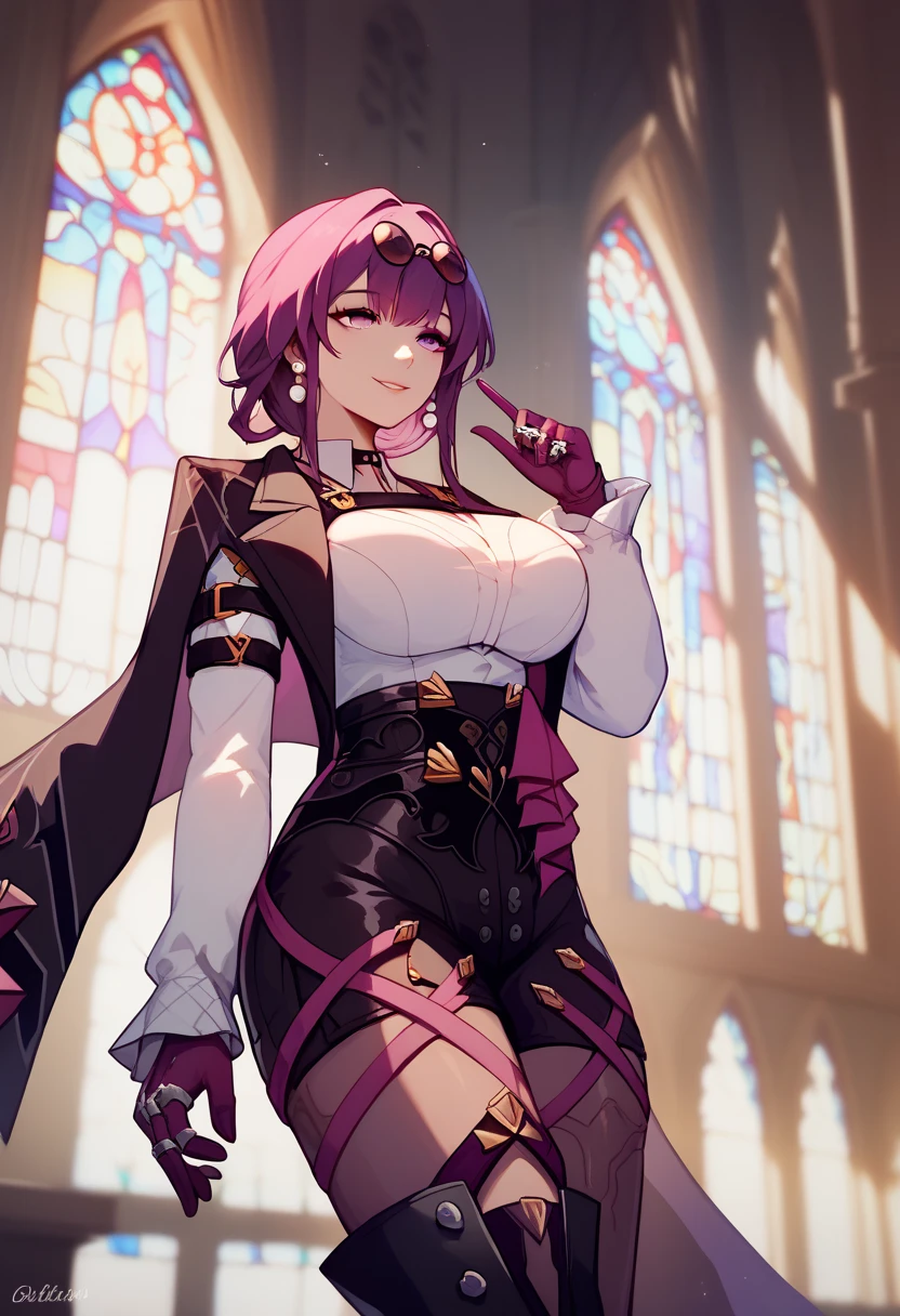 One Girl,Kafka, Purple eyes, Purple Hair, bangs, Side Lock, Please put your glasses on your head, earring, White shirt, collared shirt, Long sleeve black jacket, Jacket on shoulders, Harness, Large Breasts, Purple gloves, black shorts, High Waist Shorts, Purple thigh straps, Pantyhose Single Thigh High Boots,There are no students, Black choker, ring, Expose your shoulders, pearl earring, Armband,masterpieceAnatomically correct, 8k,(background,Inside the church,Light shines in), Composition looking up from below,Captivating smile,Close-up, 