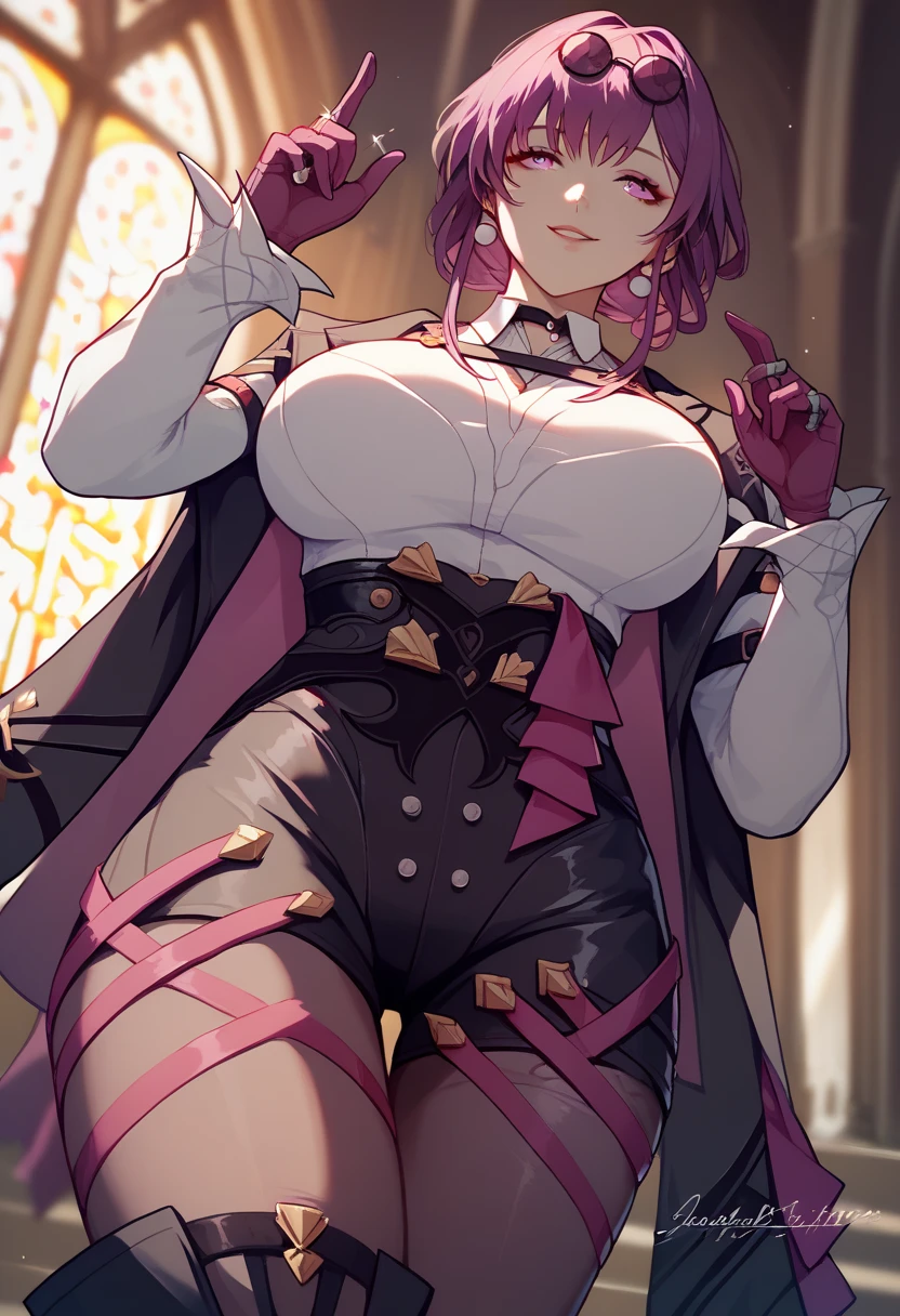 One Girl,Kafka, Purple eyes, Purple Hair, bangs, Side Lock, Please put your glasses on your head, earring, White shirt, collared shirt, Long sleeve black jacket, Jacket on shoulders, Harness, Large Breasts, Purple gloves, black shorts, High Waist Shorts, Purple thigh straps, Pantyhose Single Thigh High Boots,There are no students, Black choker, ring, Expose your shoulders, pearl earring, Armband,masterpieceAnatomically correct, 8k,(background,Inside the church,Light shines in), Composition looking up from below,Captivating smile,Close-up, 