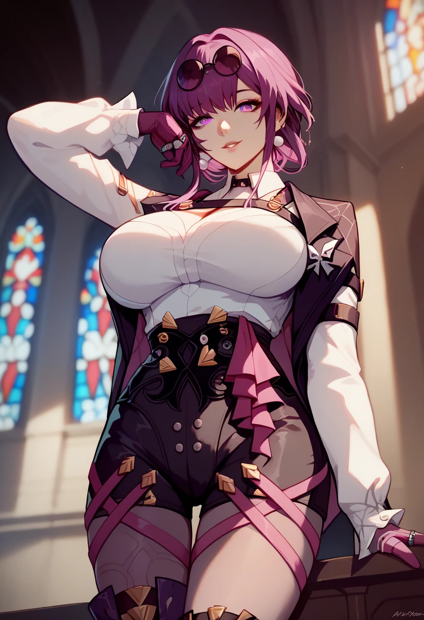 One Girl,Kafka, Purple eyes, Purple Hair, bangs, Side Lock, Please put your glasses on your head, earring, White shirt, collared shirt, Long sleeve black jacket, Jacket on shoulders, Harness, Large Breasts, Purple gloves, black shorts, High Waist Shorts, Purple thigh straps, Pantyhose Single Thigh High Boots,There are no students, Black choker, ring, Expose your shoulders, pearl earring, Armband,masterpieceAnatomically correct, 8k,(background,Inside the church,Light shines in), Composition looking up from below,Captivating smile,Close-up, 