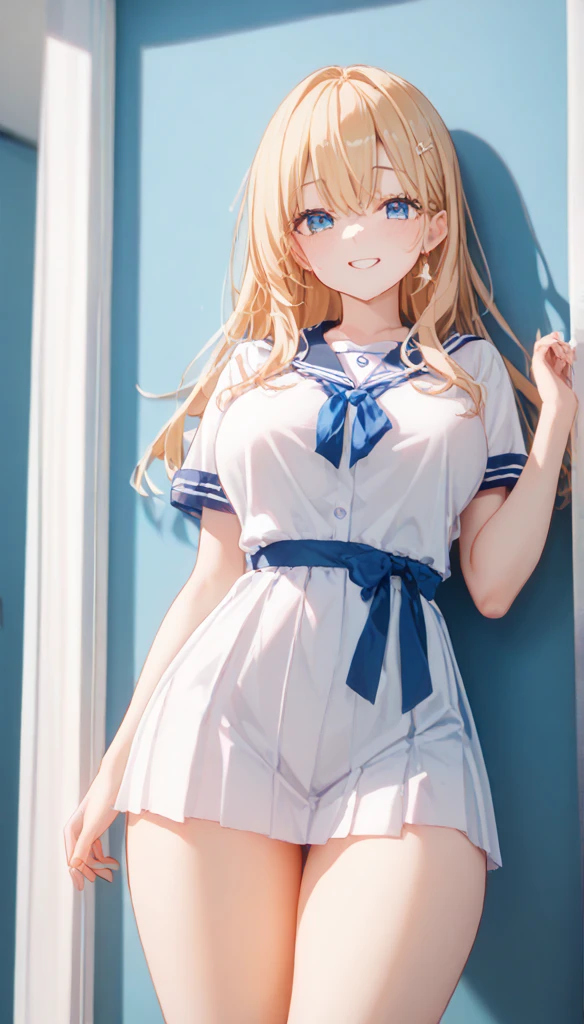 ((masutepiece, hight resolution,depth of fields, 4K,nffsw,))) solo,Bright blonde hair,((Thin and long twin tails located high)),blunt bangs,hairs between eyes,short sideburns,Beautiful blue eyes,Thin eyebrows,de pele branca,Smaller chest,tall stature,ager,looking at viewer,Emphasis on the buttocks,big butts
