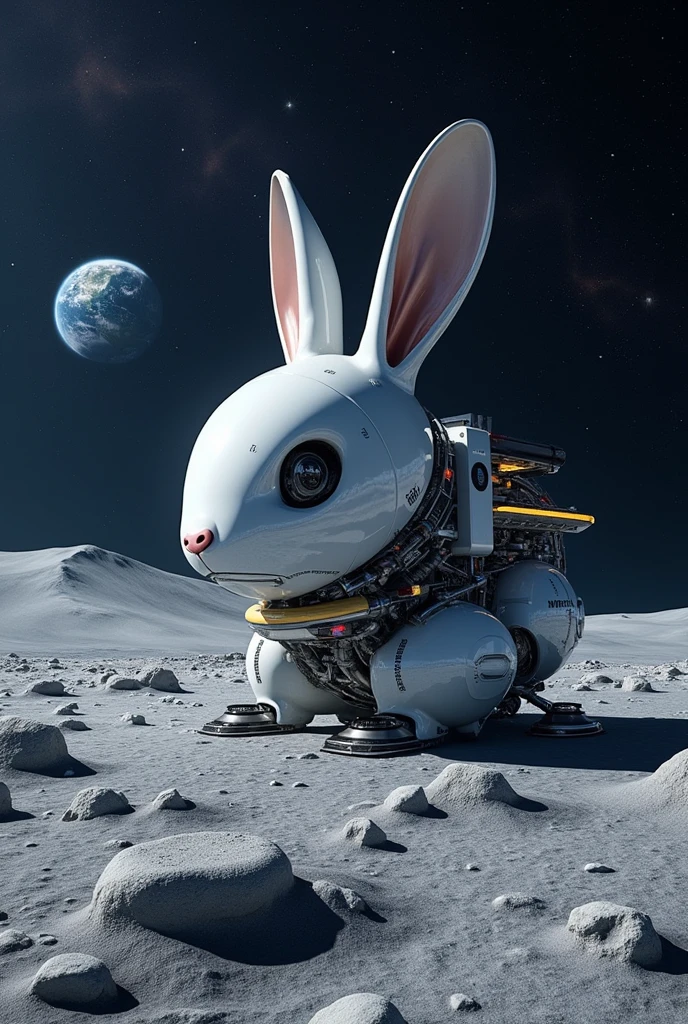 moon, moon面基地,:The shape of a rabbit's face, A base on the lunar surface of 、精密な機械のmoon面基地, Cutting-edge technology, universe, (((UHD, masterpiece, super detail, high details, best quality,  highres icon, 8k)))