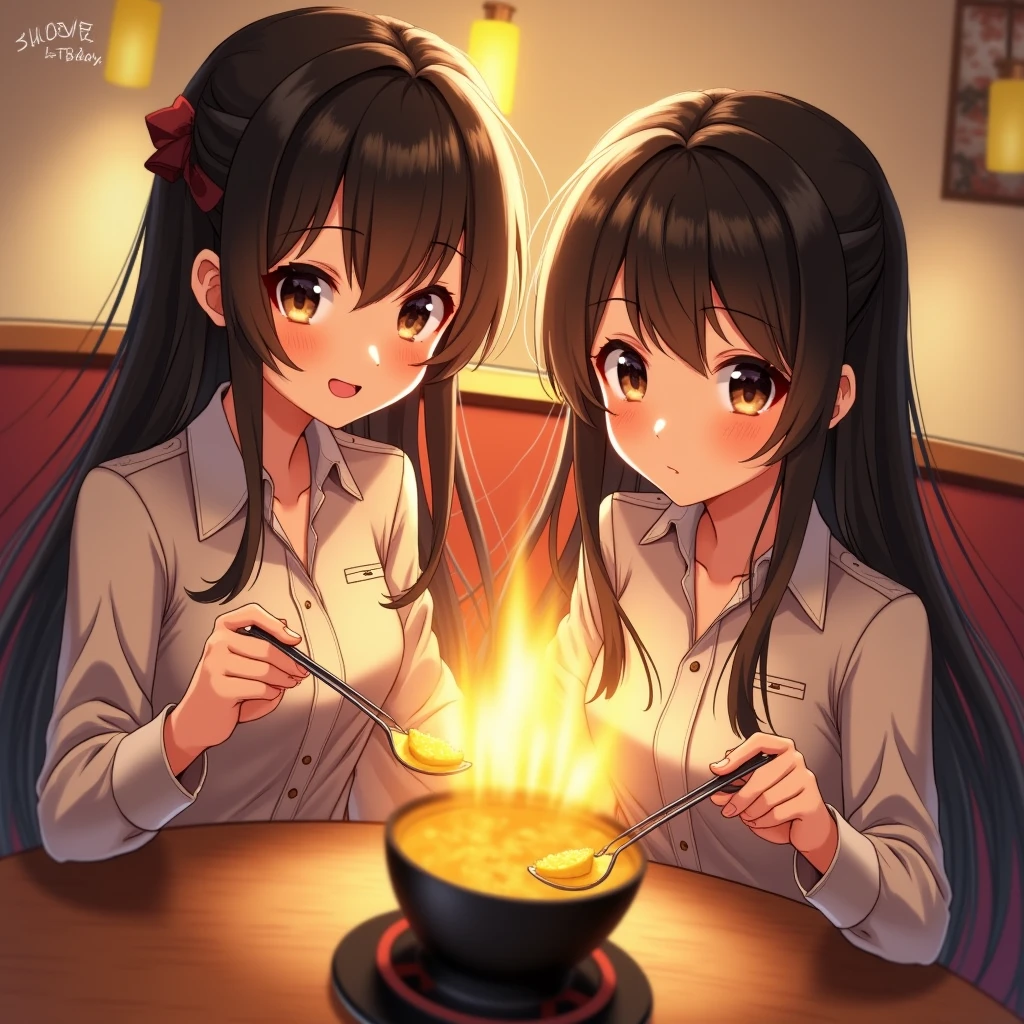 Photorealistic image: Two women eating soup from a stone pot in a Korean restaurant. Soju bottles visible on the table."