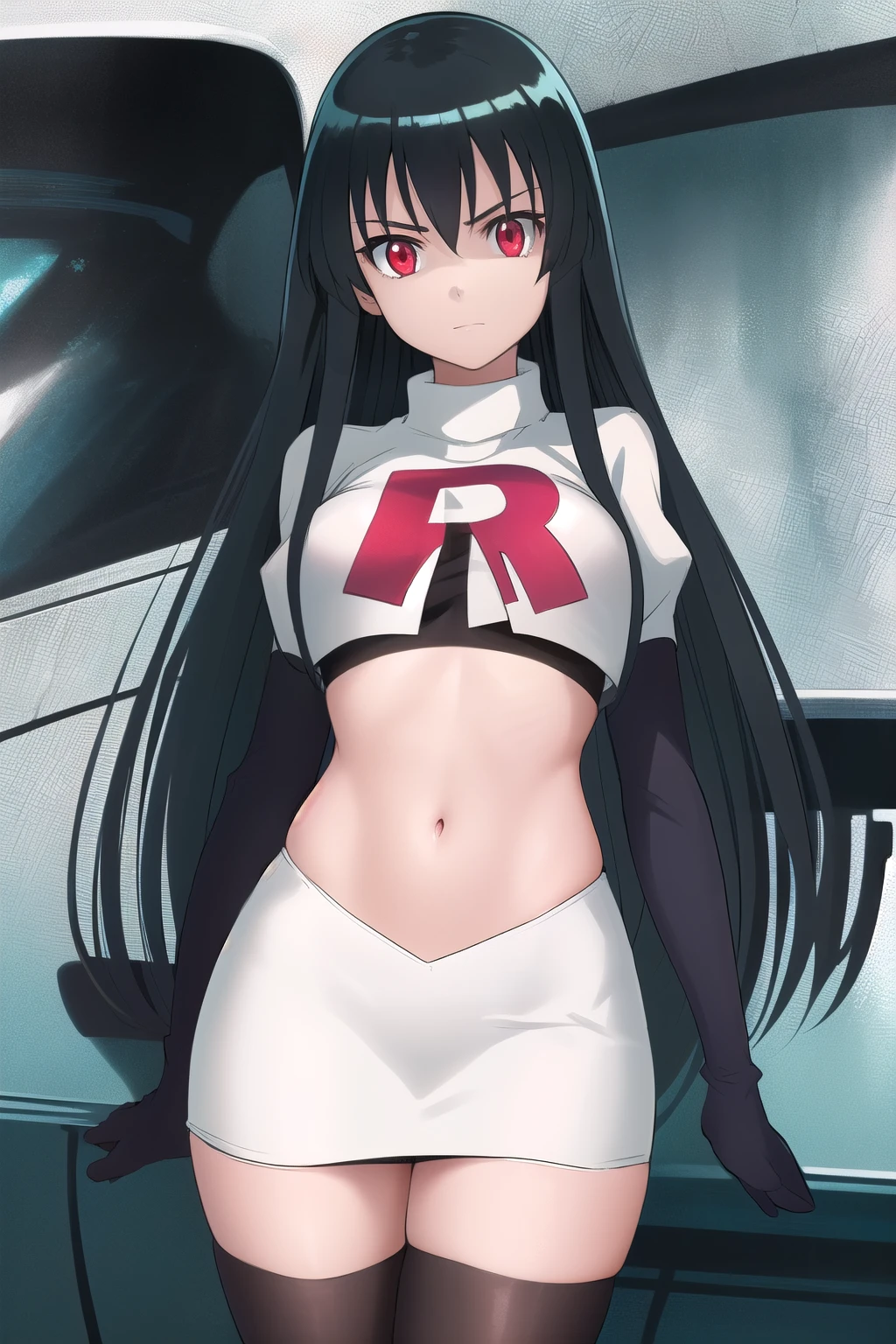 akame (akame ga kill!), (masterpiece, best quality, wallpaper), (((extremely detailed, intricate details, lush detail, insanely detailed face, beautiful red eyes, shiny skin, sharp eyes))), team rocket,team rocket uniform,white skirt,red letter R,crop top,black thigh-highs,black elbow gloves, (very long hair))), (((solo, 1girl, facing viewer))), black hair, ((medium breasts)),