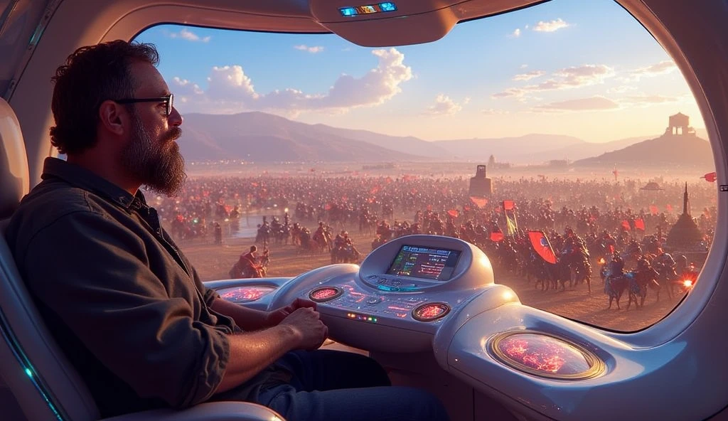 ((masterpiece)) ((photography)) ((Highest quality)) A hyper-realistic illustration of a bearded man wearing glasses, slightly overweight, sitting inside a futuristic time-travel machine. The machine features a sleek, high-tech design with glowing holographic controls and a transparent dome offering a panoramic view of an epic battle scene. The man watches in awe as Spartan warriors clash with Persian soldiers, their armor glinting in the sunlight, with shields, spears, and arrows filling the air. The battlefield is chaotic, surrounded by rugged terrain and distant mountains, while the futuristic machine contrasts sharply with the ancient world, highlighting the blend of historical and sci-fi elements.