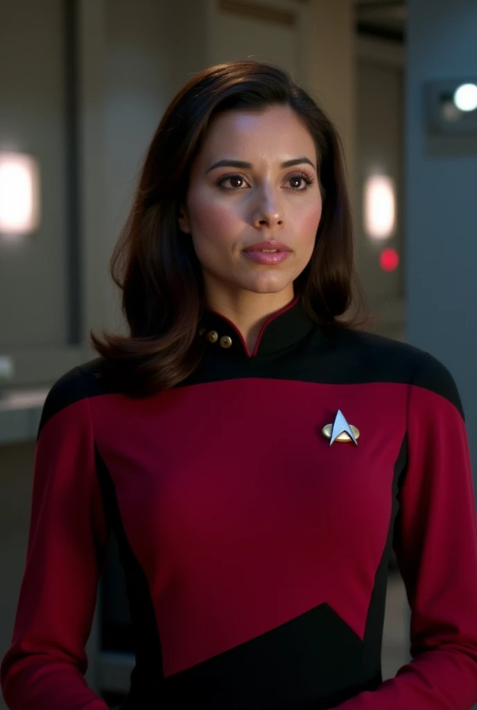 Cinematic, young woman, 8k, ultra realistic, Lupe Fuentes on the command deck of the Starship Enterprise in a Commander's Uniform