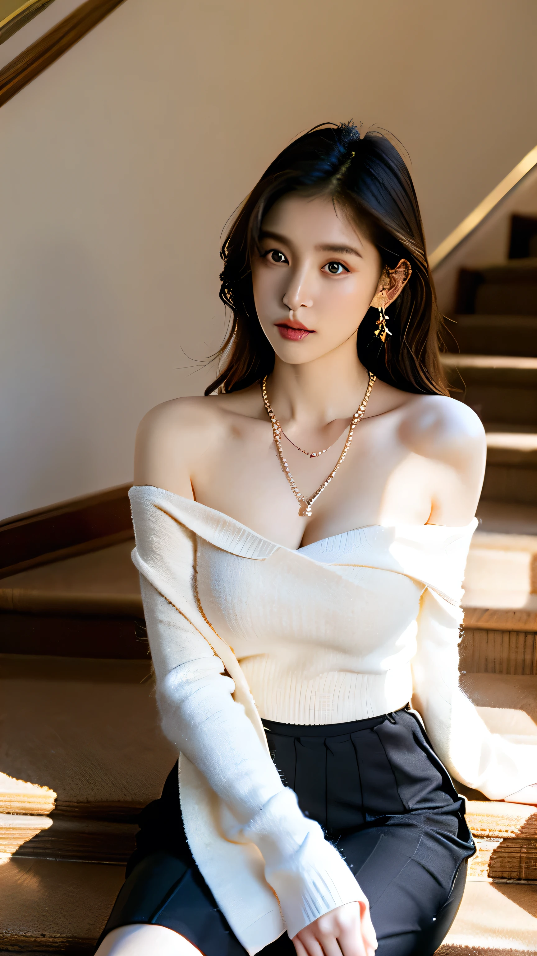   beautiful woman sitting on stairs 、 Race Off Shoulder  、( thin black pantyhose)、 long skirt with slit 、
  , masterpiece,  textured skin,   Ultra High Definition,   best quality, 
8k、4K、  Necklaces  、  bracelets staring at the viewer、earring
beautiful skin  、 Beautiful breasts、 soft lighting、 gravure model
beautiful legs 、 cleavage
