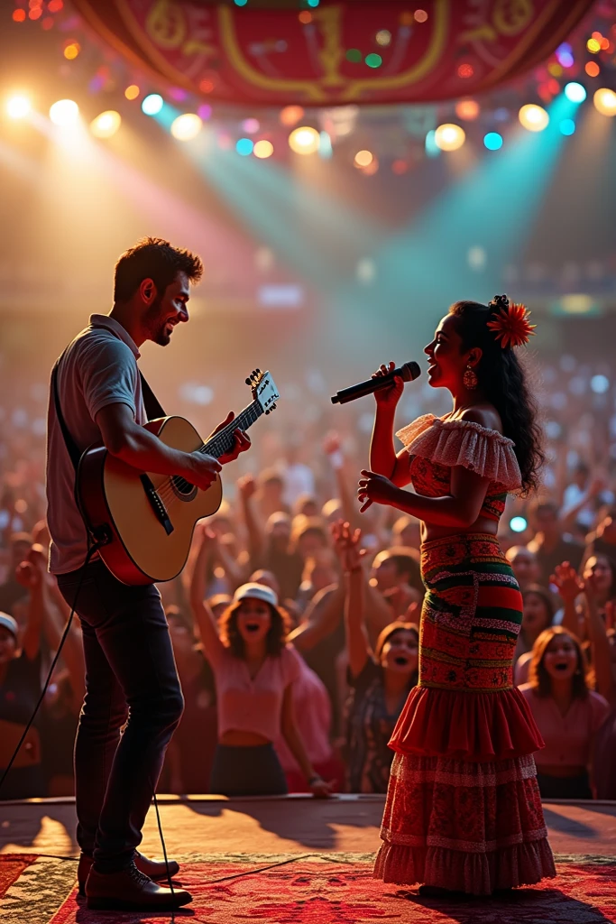 Mujer con vestido de luces led y hombre con una guitarra cantando y bailando juntos en el escenario con muchas plantas verdees y flores de colores