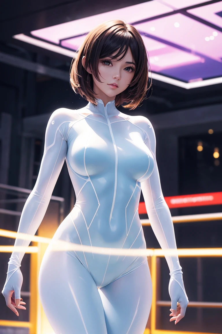 Christina Chong beautiful face, narrowed eyes. smirk. black braided hair, Biomechanics Skinny Female Semi-Cyborg、(full body Esbian)、(Wear(semi transparent:1.2)Organza|With silicone skin|Iron Detail|Iron Cyborg Skeleton Body)、a closeup、(Highly detailed spacecraft|nffsw)environment、(Magnificent magnificent composition|dynamicposes)、depth of fieldedium shot、((Warm light:1.4)|(Rim Lights:1.5) )、Cinematic、(ighly detailed|Maximum clarity and sharpnesobius-inspired design, Immersive virtual reality environments.Movie Tron、moebius、Syd Mead、Kevin Flynn、tron(1982,movie),Pure white suit covering the whole body、Movie Tron Helmet、Electronic circuit pattern、Cindy Morgan、Lola、Short-cut hairstyles、Immaculate helmet、Neon pattern on helmet、Tron Design、Pure white smooth full-body suit、Tron suit imitating electronic circuits in white and blue tones、The background is、It is a neon pattern of a complex electronic circuit emitted in green., Red, Orange light instead of pink、The white suit is、It is a line state pattern of the design of a blue electronic circuit that emits light、The white suit does not reflect the background color very well、 pose is、Strongly evoked by the atmosphere of the 1982 film Tron.、The pale white suit covering the whole body emphasizes the lines of the design that mimics electronic circuits that emit blue light.、