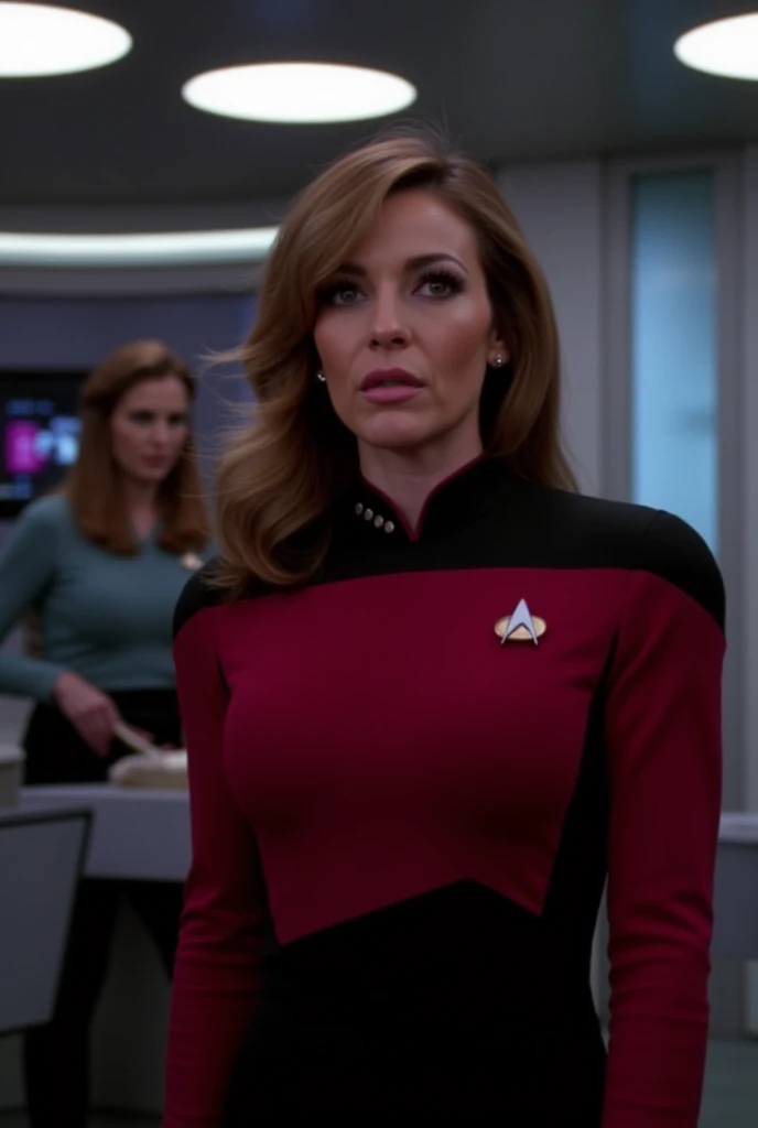 Cinematic, young woman, 8k, ultra realistic, Autumn Austin on the command deck of the Starship Enterprise in a Commander's Uniform