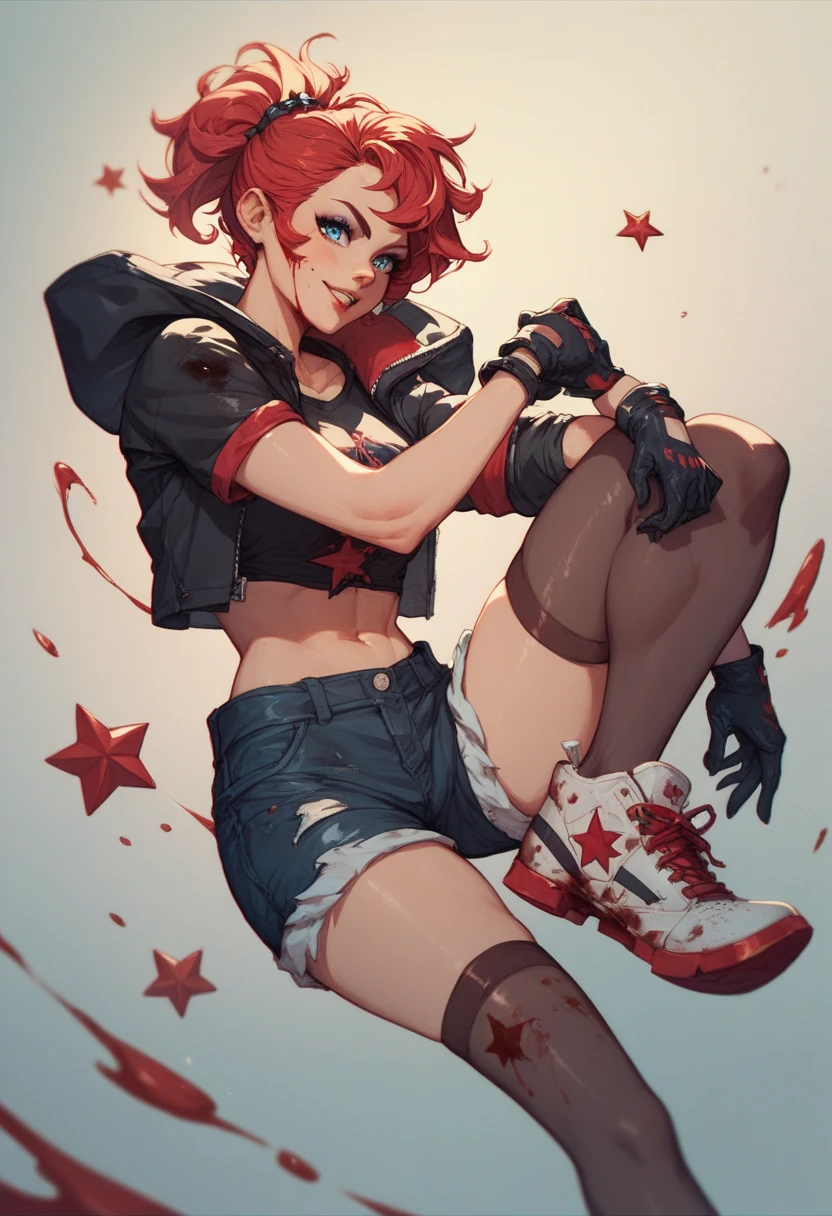 woman, red hair, blue eyes,  with ears and wolf stockings , wearing a black top, short dark blue shorts , wearing gloves, half long,  all Star sneakers ,  with blood on clothes and face