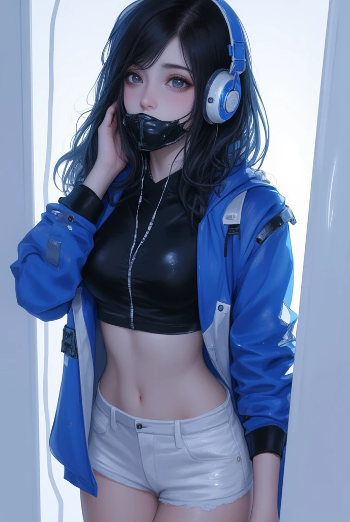  girl， OFF-WHITE EYES ， black hair， BLUE AND BLACK HOODIE ， BLUE AND WHITE HEADPHONES ， Cyberpunk，Melancholic expression，MECHANICAL TRACES ,  simple background, Wearing a mask,  best hair quality ,  high definition ,  best quality,   MODERN MINIMALIST ILLUSTRATION  ,  LOWER YOUR SHORT SKIRT IN A SEXY POSES、 WHITE PANTS WILL BE SEEN 。,   High Details , 