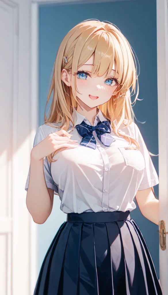 From above, (Squint your eyes:1.2), close, One Girl, blush, sit, nsfw,beautiful girl,Wear a uniform, Light blue skirt, Anime move
