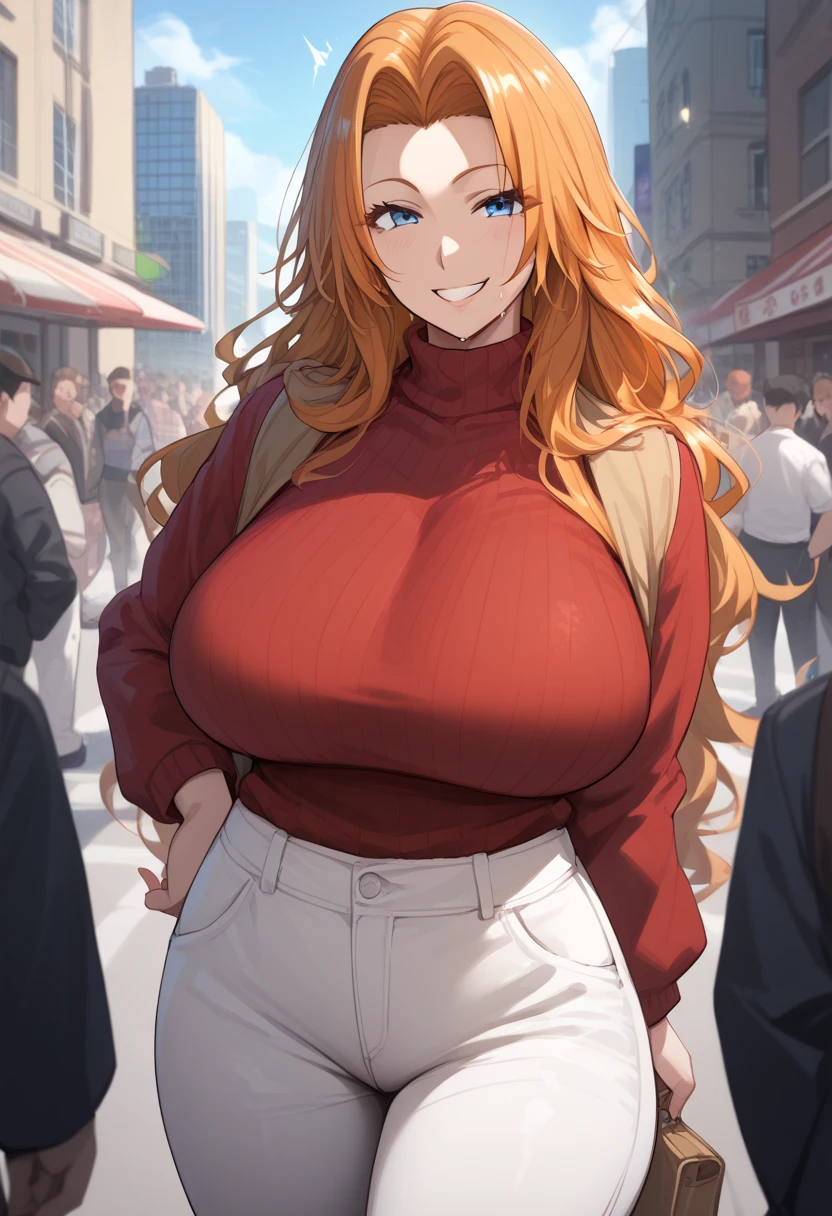 BREAK 1girl,Rangiku Matsumoto , long hair, blue eyes, orange hair, large breasts, sweat, sound effects, red sweater, turtleneck, white pants, looking at you, smile, BREAK score_9, score_8_up, score_7_up, score_6_up, source_anime BREAK (outdoor, huge crowd),city,sunset,