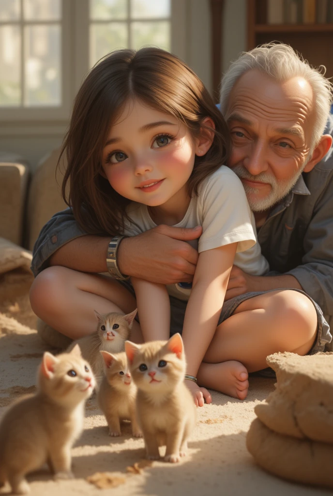  best quality,  high definition , distinct image, (Many (  Details) Little cat) And one girl:1.3), Focus on the cat, little (  Details) Cats around a girl,The background is a backstory ,  Detailsな日光,  is sitting,  old man hugging young girl , Front View, (Viewers staring at a cat:1.2),  is sitting on the floor grasping knees, ( happy :1.3) , (kitten)