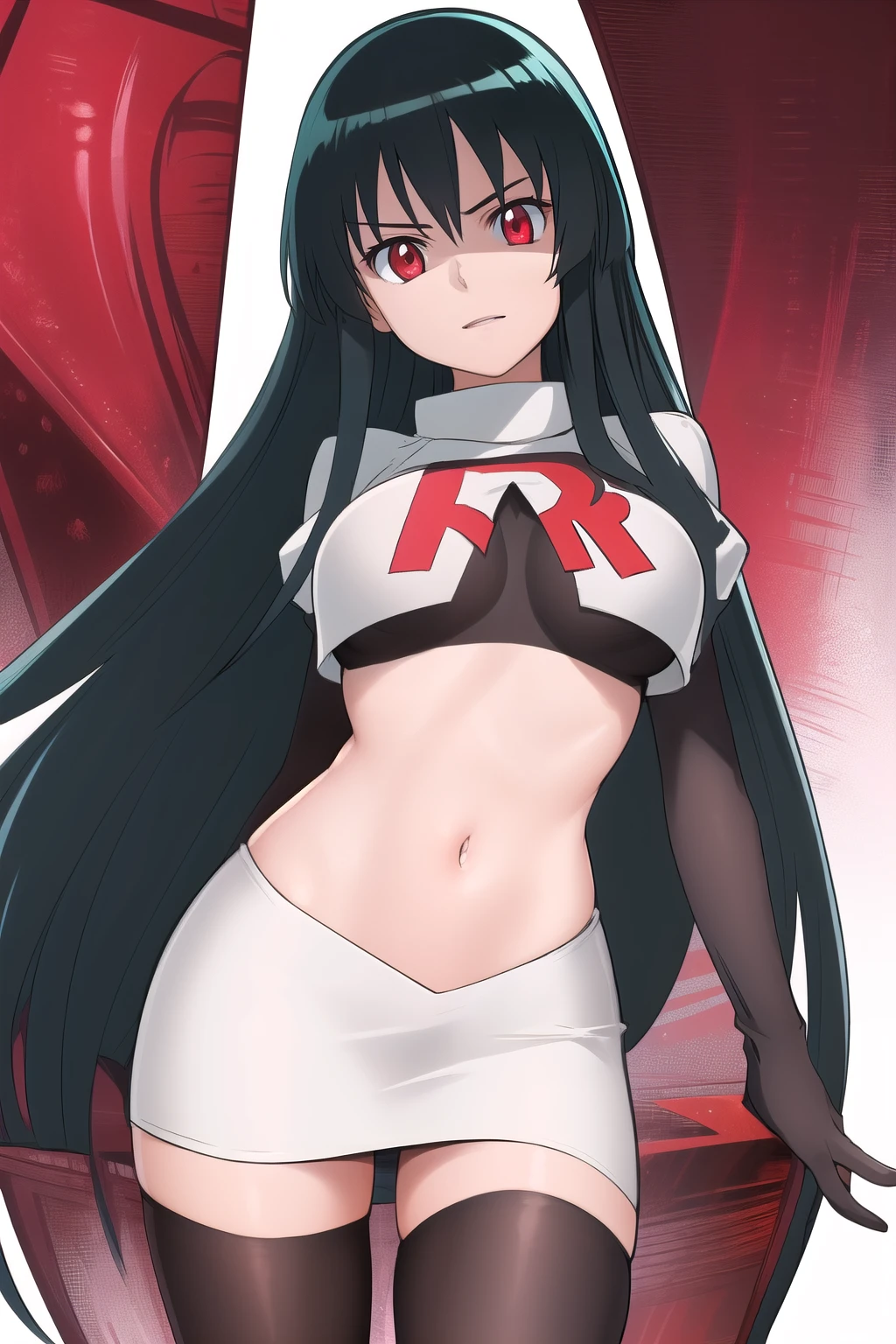 akame (akame ga kill!), (masterpiece, best quality, wallpaper), (((extremely detailed, intricate details, lush detail, insanely detailed face, beautiful red eyes, shiny skin, sharp eyes))), team rocket,team rocket uniform,white skirt,red letter R,crop top,black thigh-highs,black elbow gloves, (very long hair))), (((solo, 1girl, facing viewer))), black hair, ((medium breasts)),