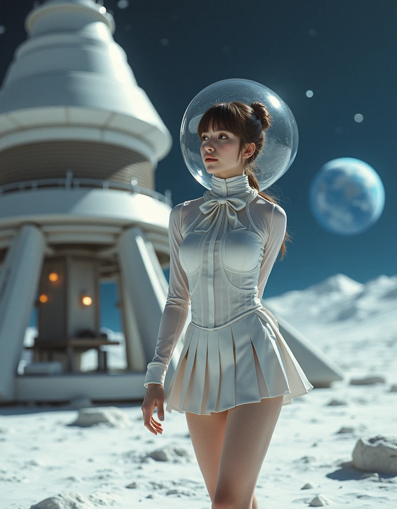 Outer space, a stunning beauty relaxing on the moon, the goddess of the moon, a dress with a moon pattern, abundant breasts and slender legs, unparalleled beauty, the goddess of beauty, and behind the goddess is a cool alien bodyguard. Masu, spaceship, advanced technology not found on earth, spherical spaceship, high image quality, high quality, photorealistic, realistic,