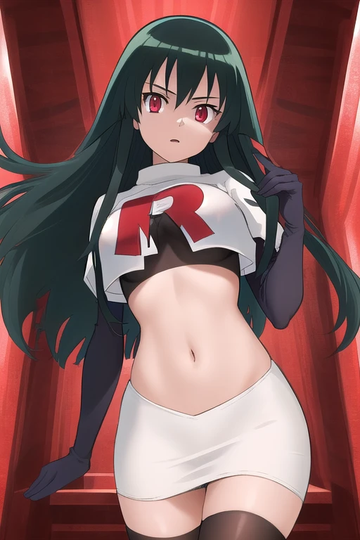 akame (akame ga kill!), (masterpiece, best quality, wallpaper), (((extremely detailed, intricate details, lush detail, insanely detailed face, beautiful red eyes, shiny skin, sharp eyes))), team rocket,team rocket uniform,white skirt,red letter R,crop top,black thigh-highs,black elbow gloves, (very long hair))), (((solo, 1girl, facing viewer))), black hair, ((medium breasts)),