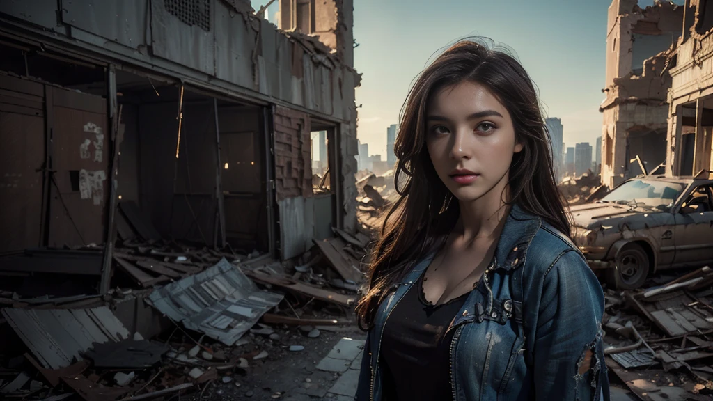 masterpiece, high resolution ,8K,(Portrait Photos:1.5),(R Original Photo),Reality,Digital Photography,(Apocalyptic ruins ),City ruins，beautiful 20 year old woman，sentry， post-apocalyptic scene，Medium distance photography， torn clothes 